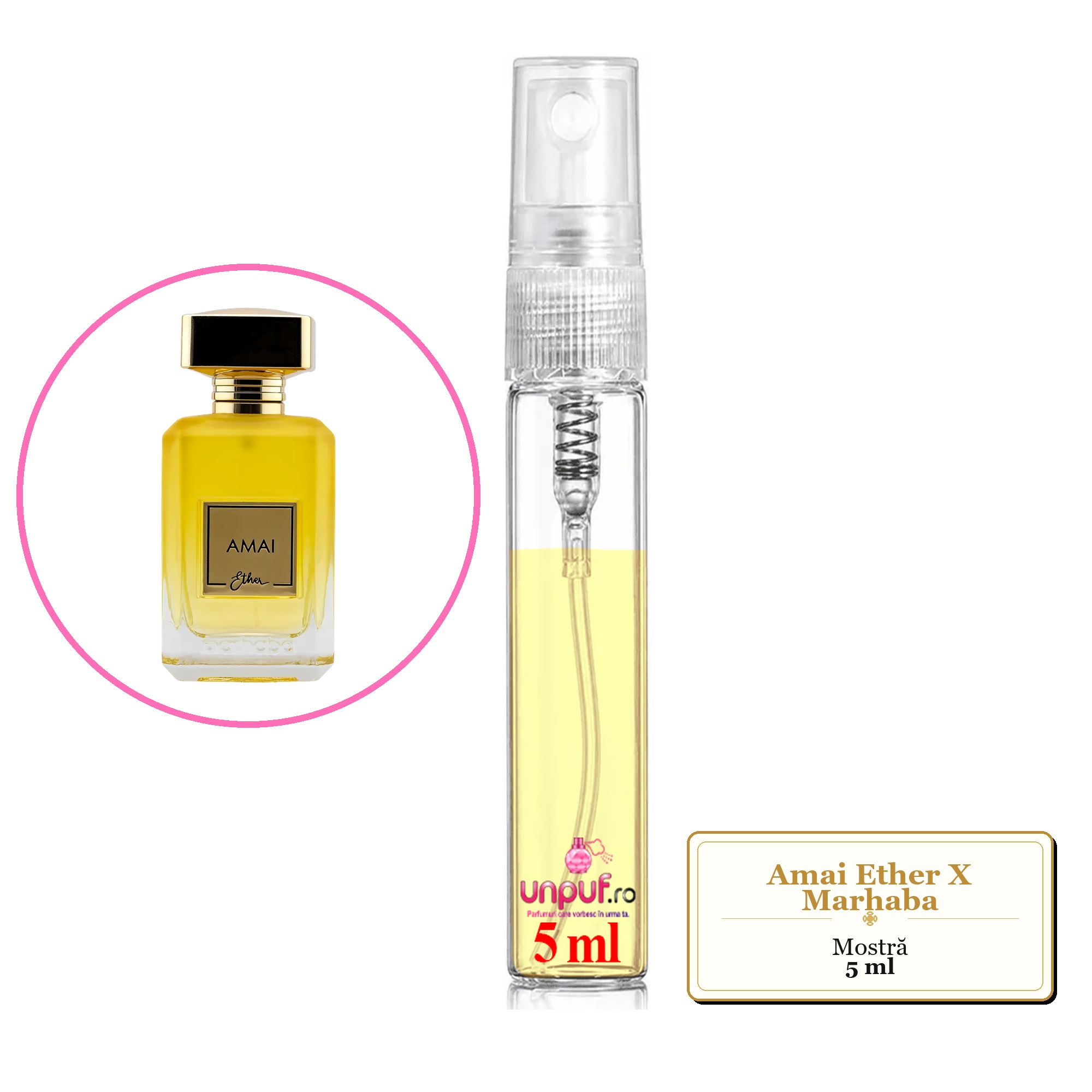 Mostra fiola din Amai Ether X Marhaba, decant sticla cu pulverizator