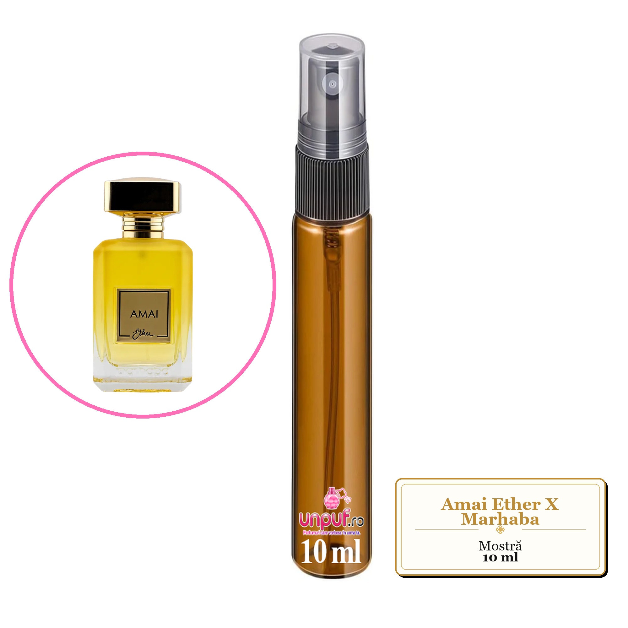 Mostra fiola din Amai Ether X Marhaba, decant sticla cu pulverizator