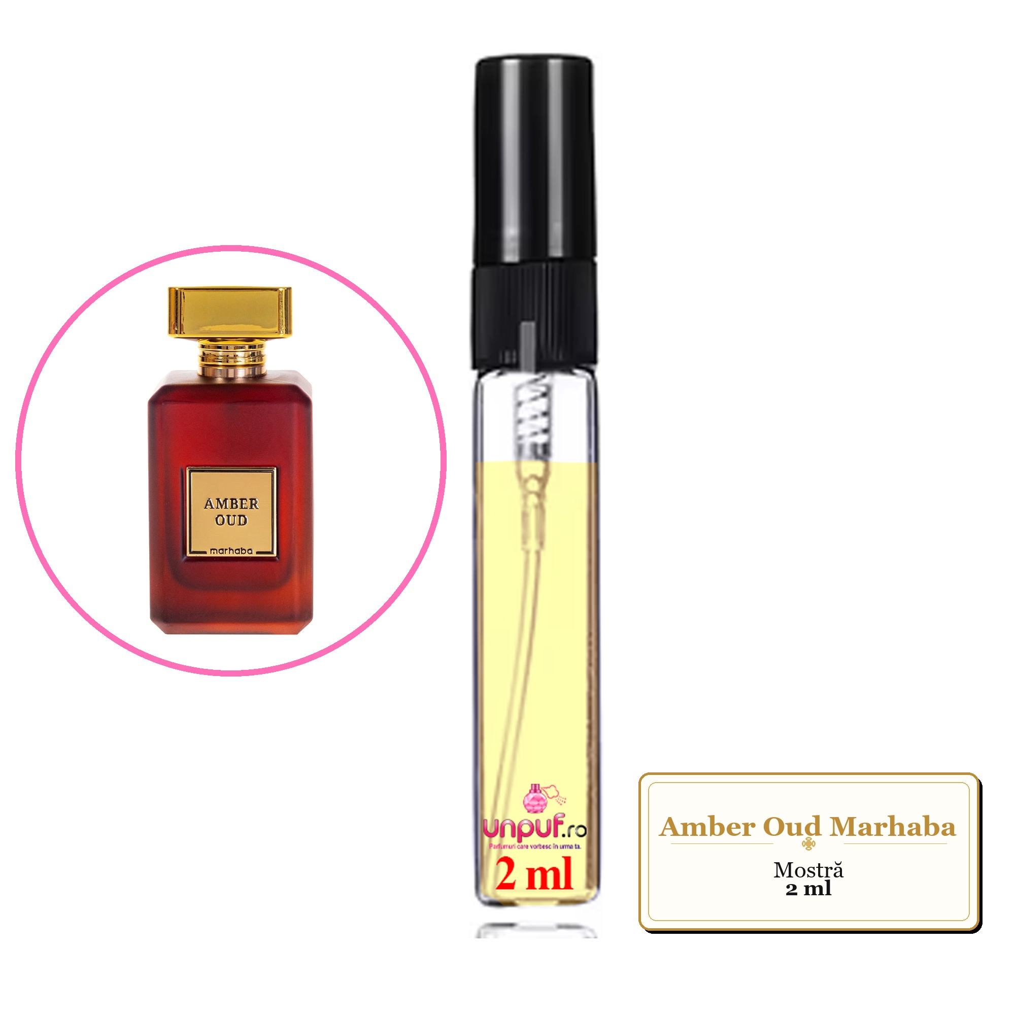 Mostra fiola din Amber Oud Marhaba, decant sticla cu pulverizator