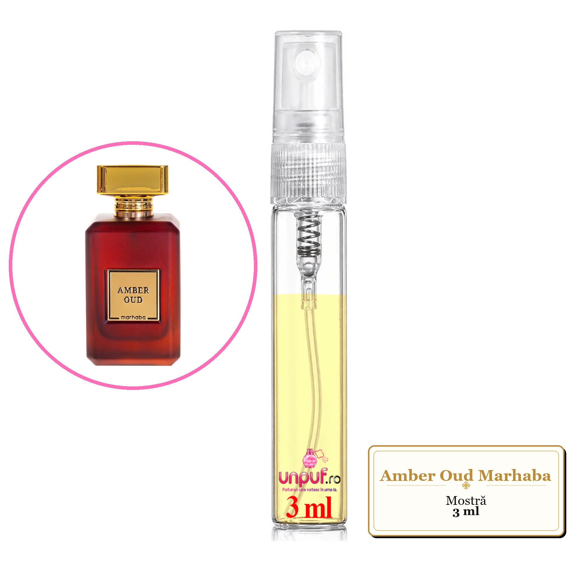 Mostra fiola din Amber Oud Marhaba, decant sticla cu pulverizator
