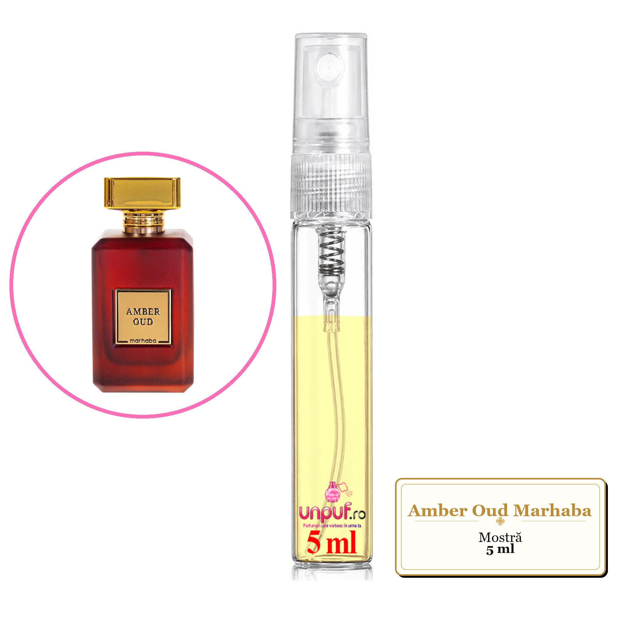 Mostra fiola din Amber Oud Marhaba, decant sticla cu pulverizator