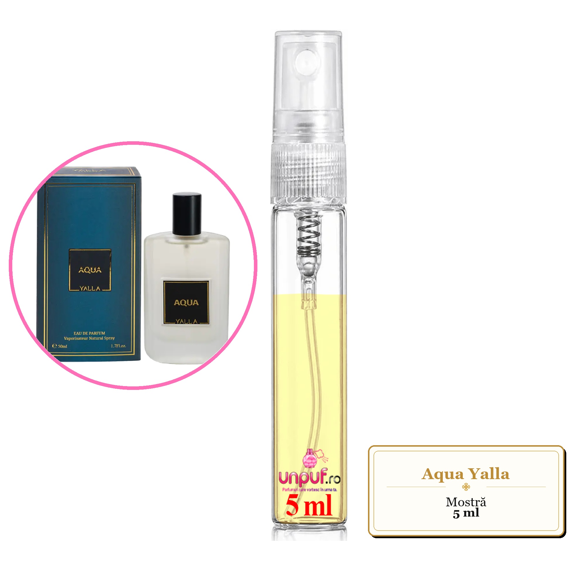 Mostra fiola din Aqua Yalla, decant sticla cu pulverizator