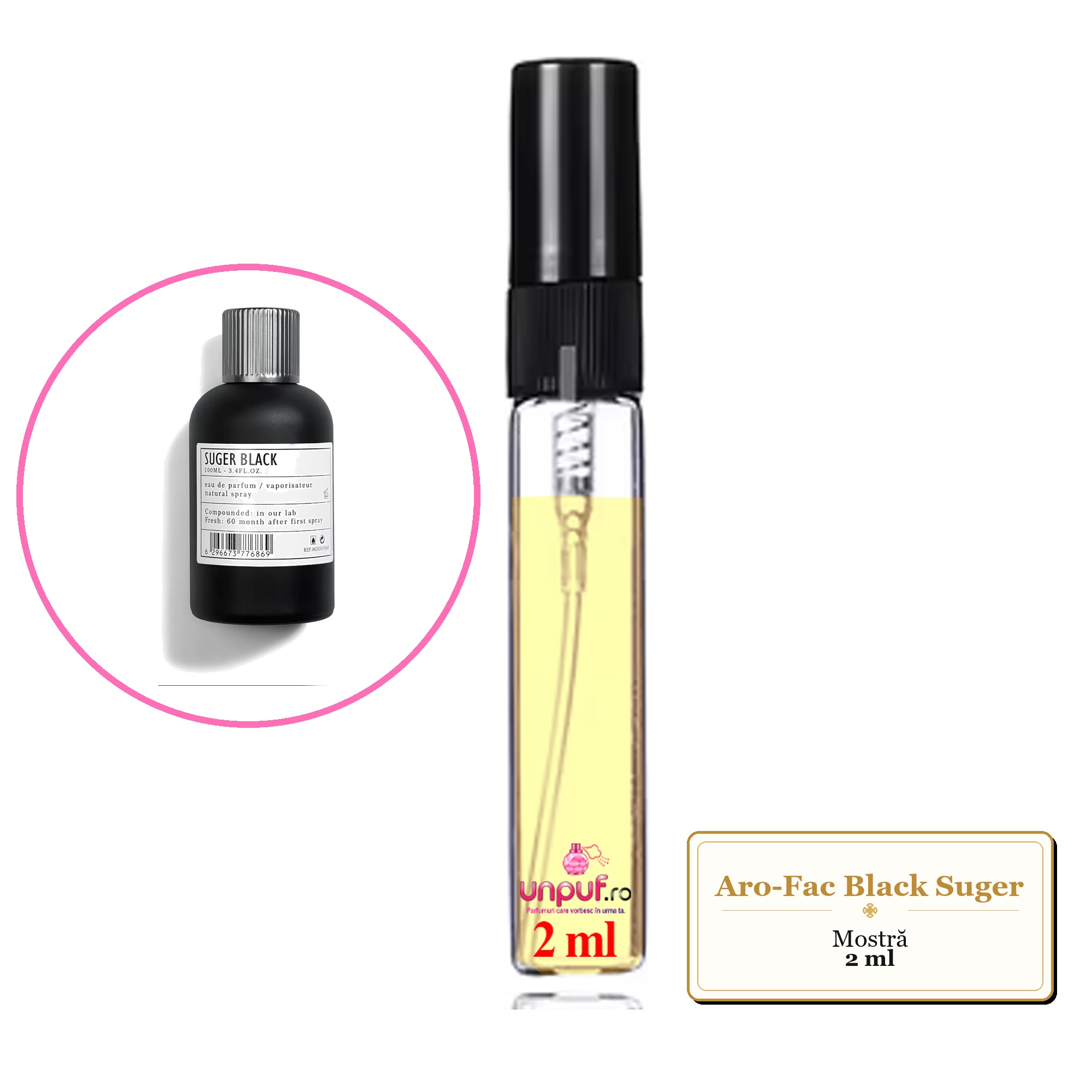 Mostra fiola din Aro-Fac Black Suger, decant sticla cu pulverizator