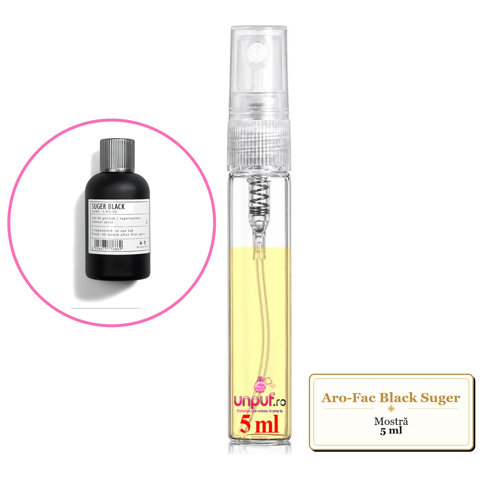 Mostra fiola din Aro-Fac Black Suger, decant sticla cu pulverizator