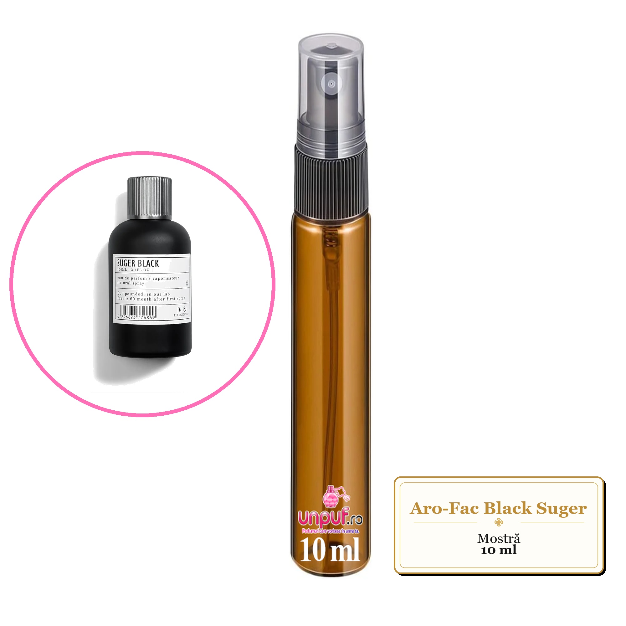 Mostra fiola din Aro-Fac Black Suger, decant sticla cu pulverizator