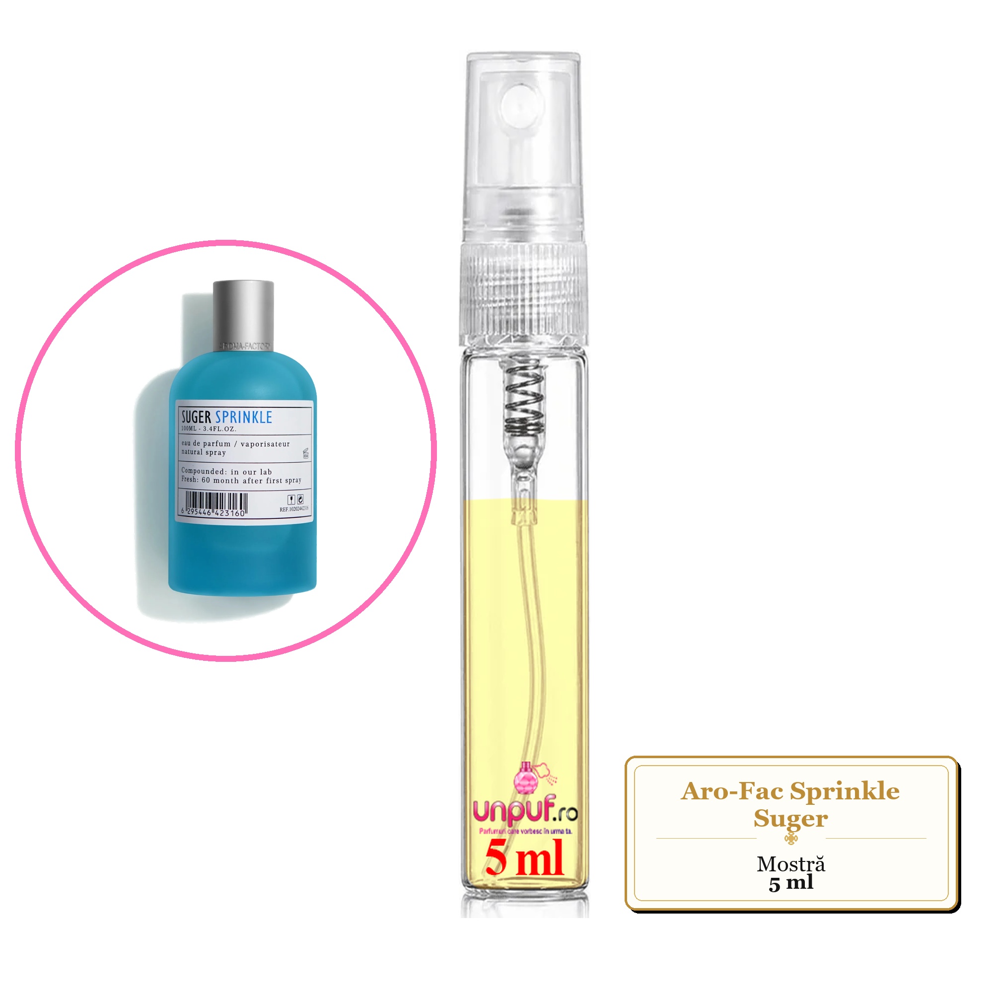 Mostra fiola din Aro-Fac Sprinkle Suger, decant sticla cu pulverizator