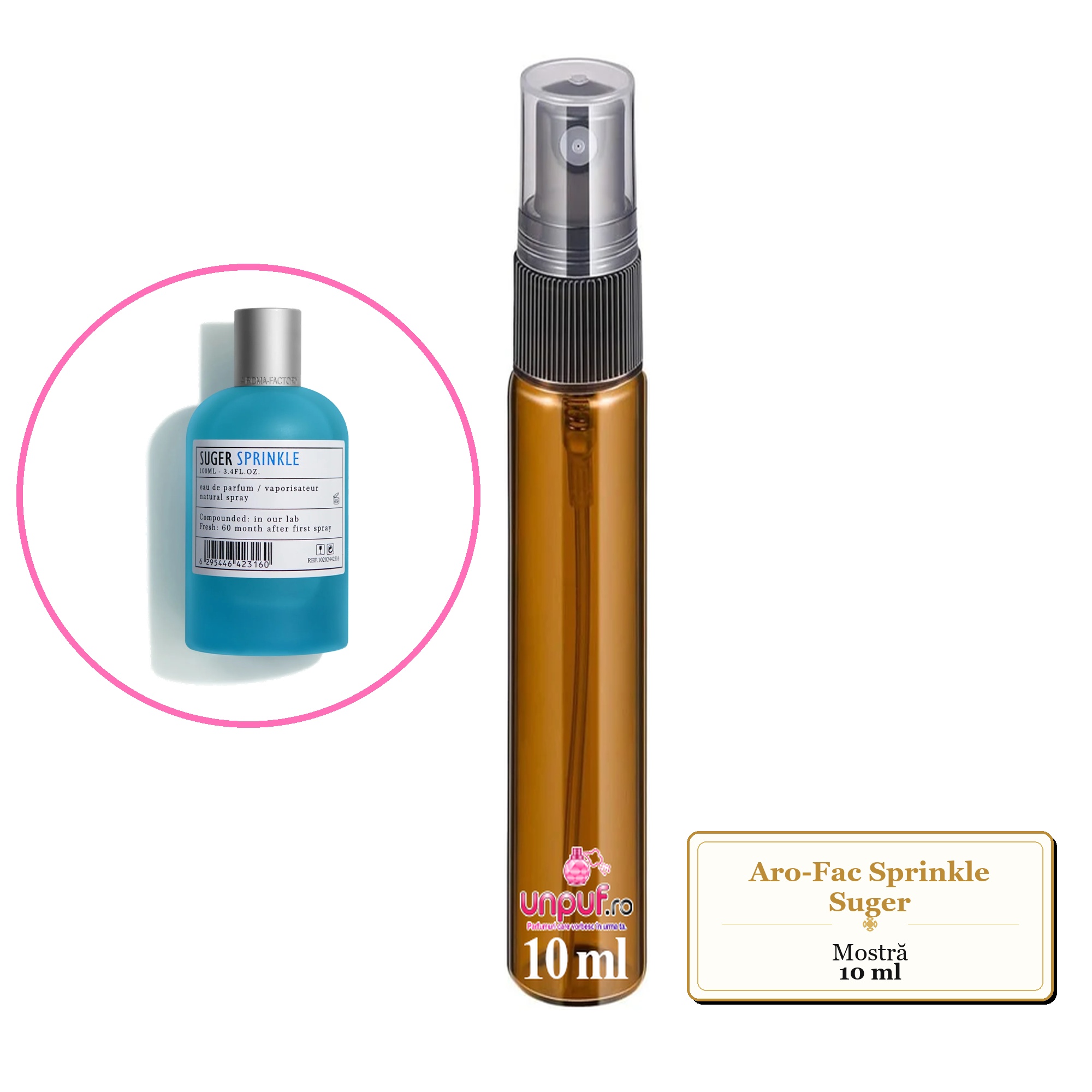 Mostra fiola din Aro-Fac Sprinkle Suger, decant sticla cu pulverizator