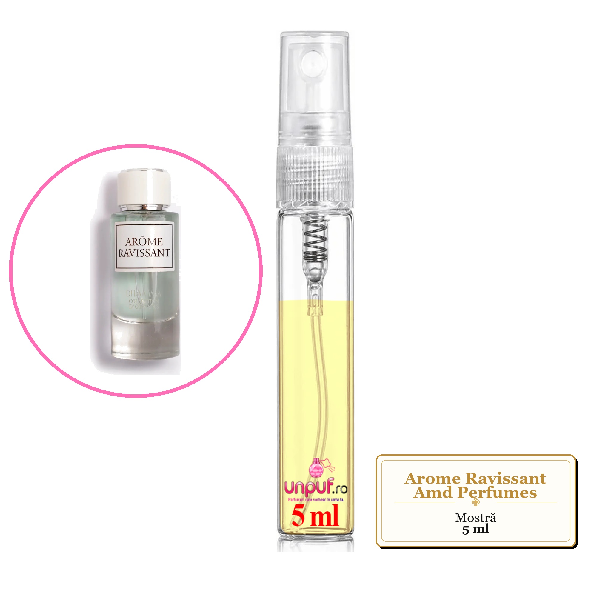 Mostra fiola din Arome Ravissant Amd Perfumes, decant sticla cu pulverizator
