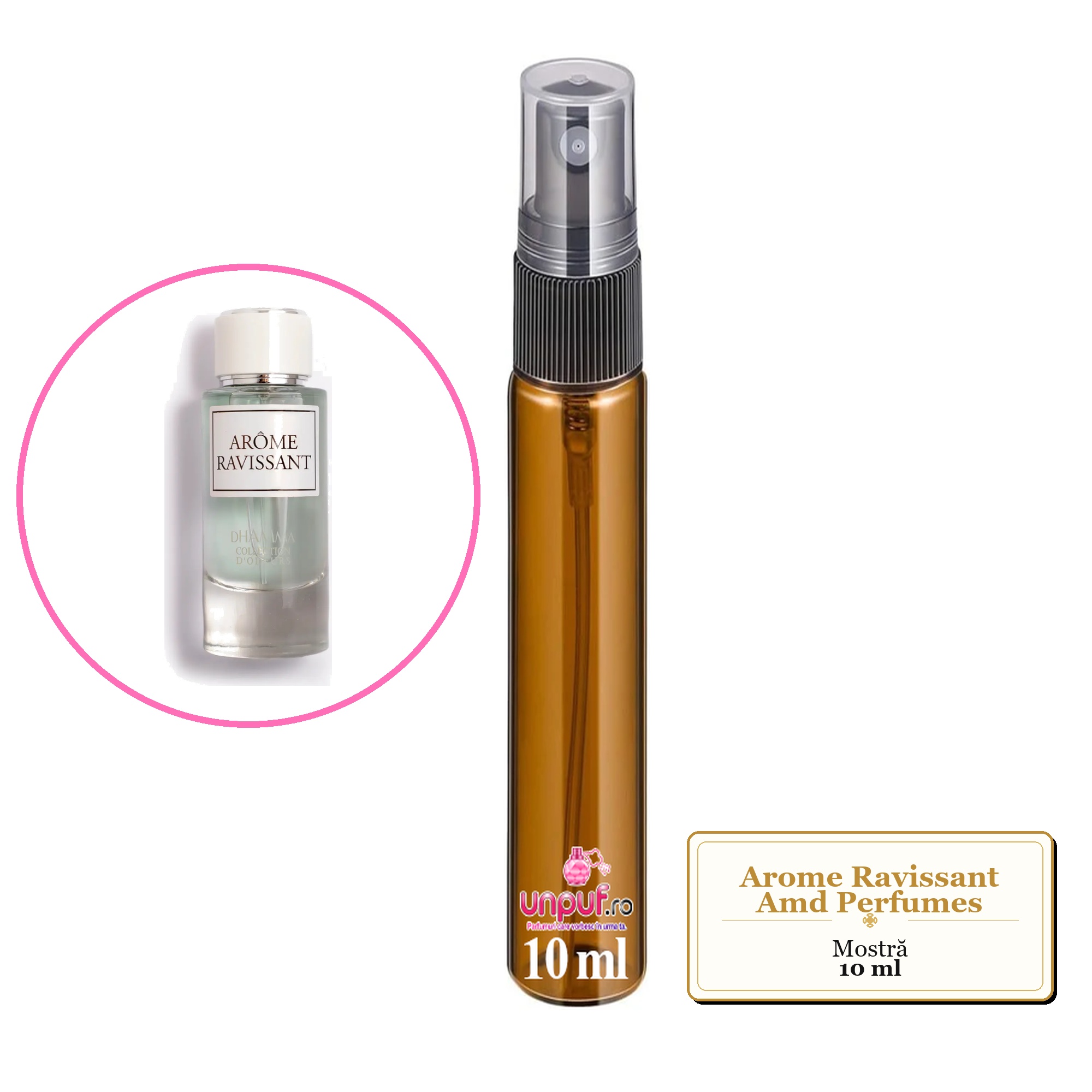 Mostra fiola din Arome Ravissant Amd Perfumes, decant sticla cu pulverizator