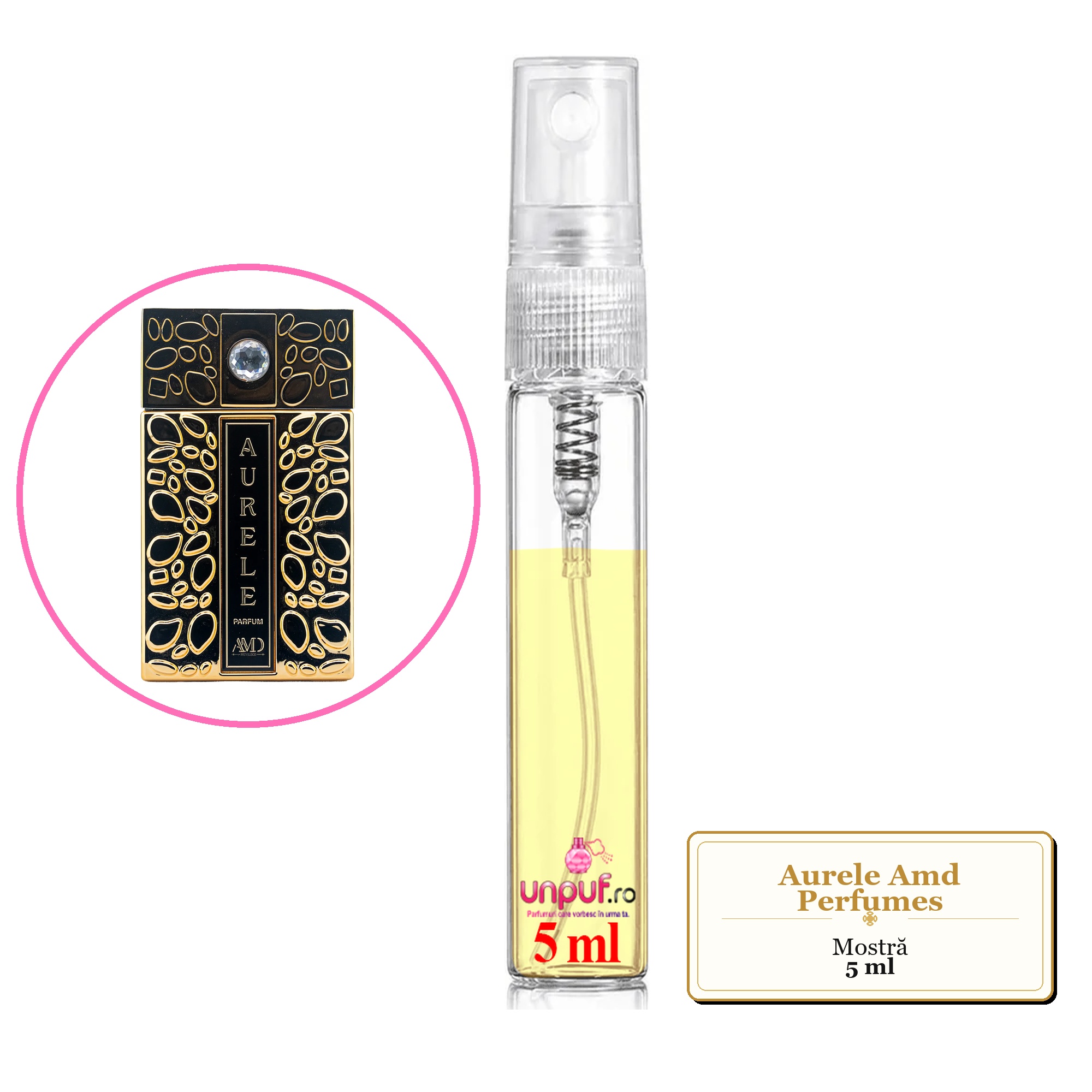 Mostra fiola din Aurele Amd Perfumes, decant sticla cu pulverizator
