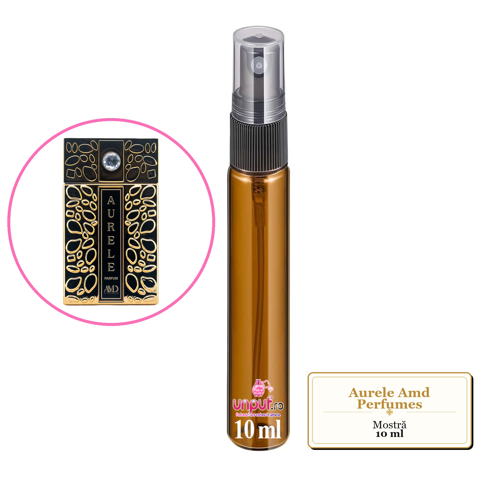 Mostra fiola din Aurele Amd Perfumes, decant sticla cu pulverizator