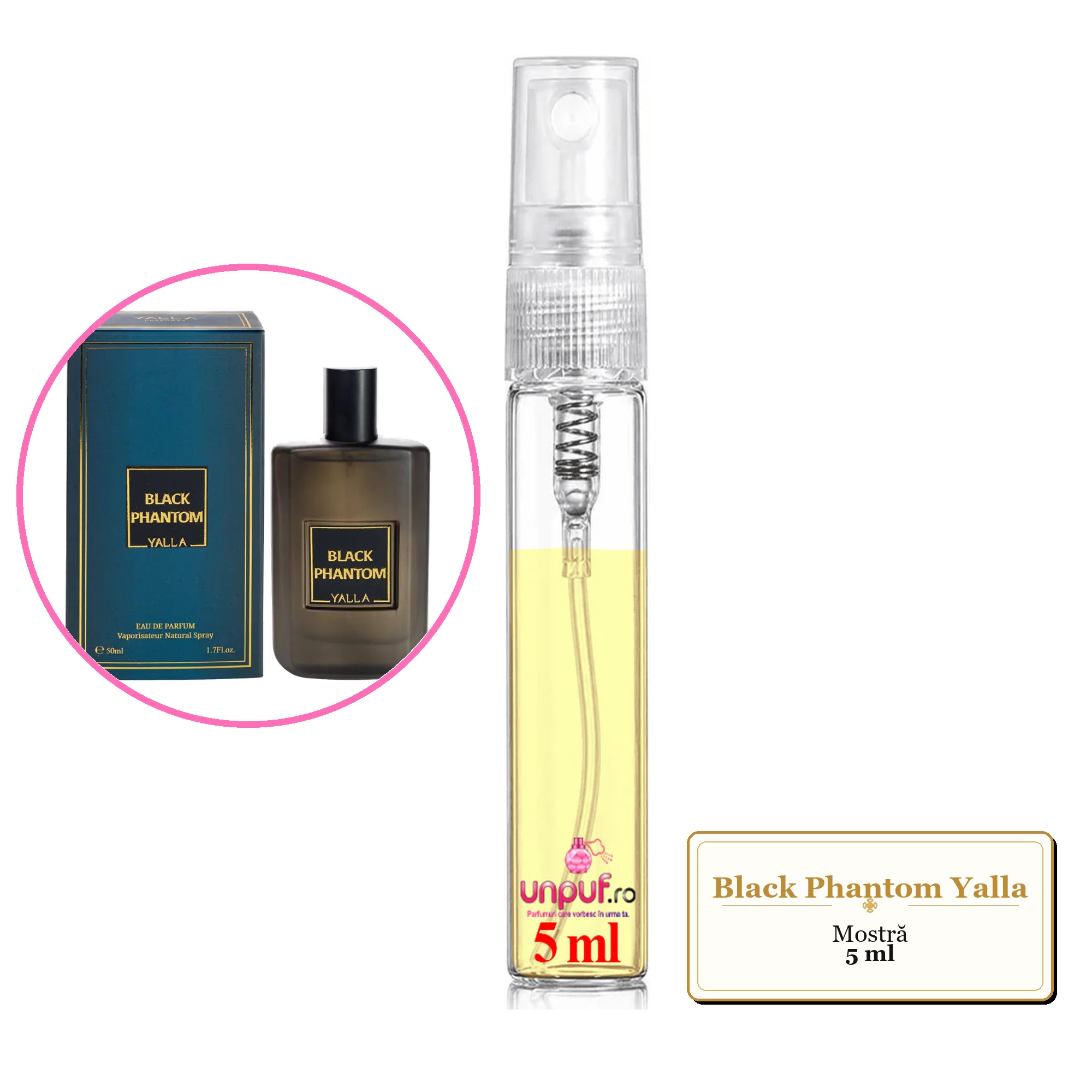 Mostra fiola din Black Phantom Yalla, decant sticla cu pulverizator
