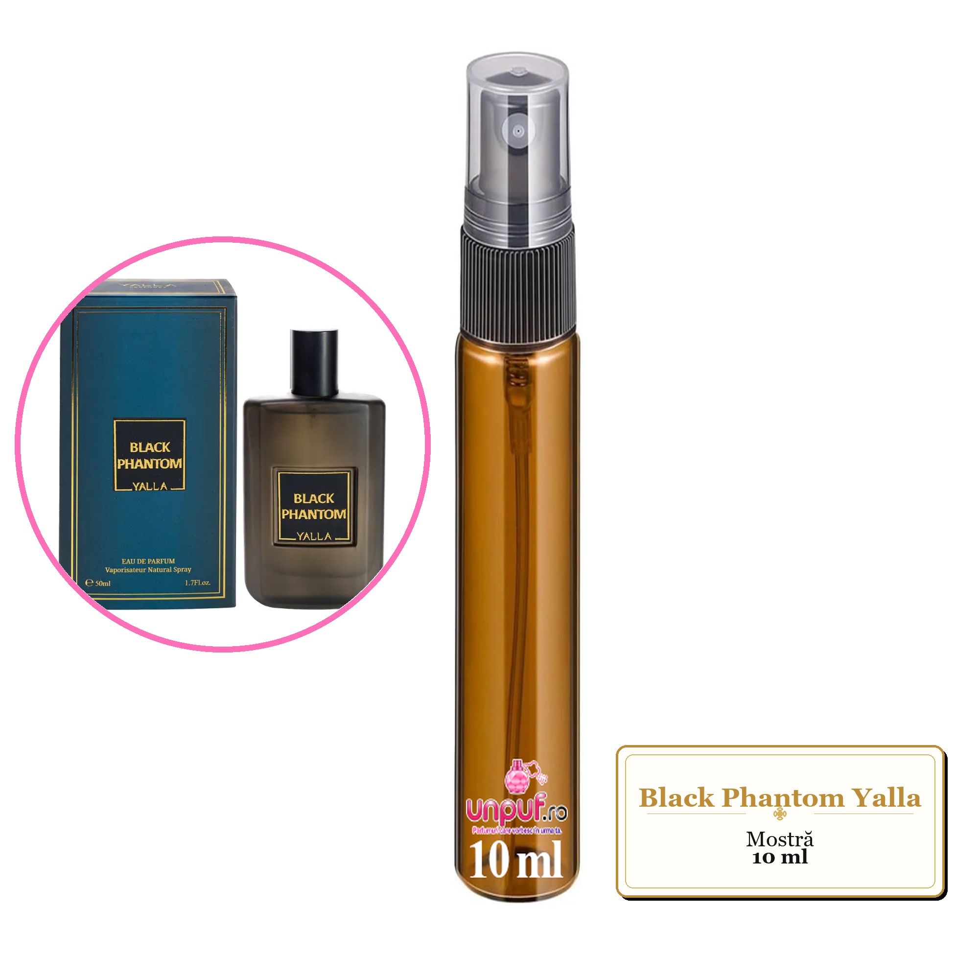 Mostra fiola din Black Phantom Yalla, decant sticla cu pulverizator
