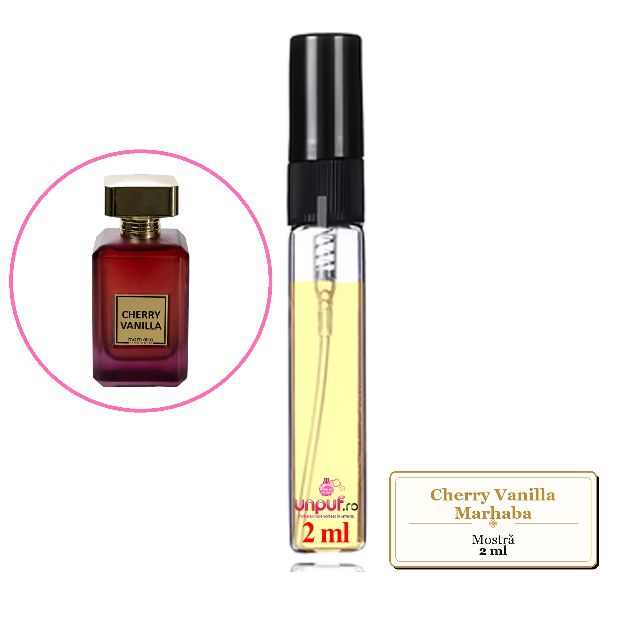 Mostra fiola din Cherry Vanilla Marhaba, decant sticla cu pulverizator