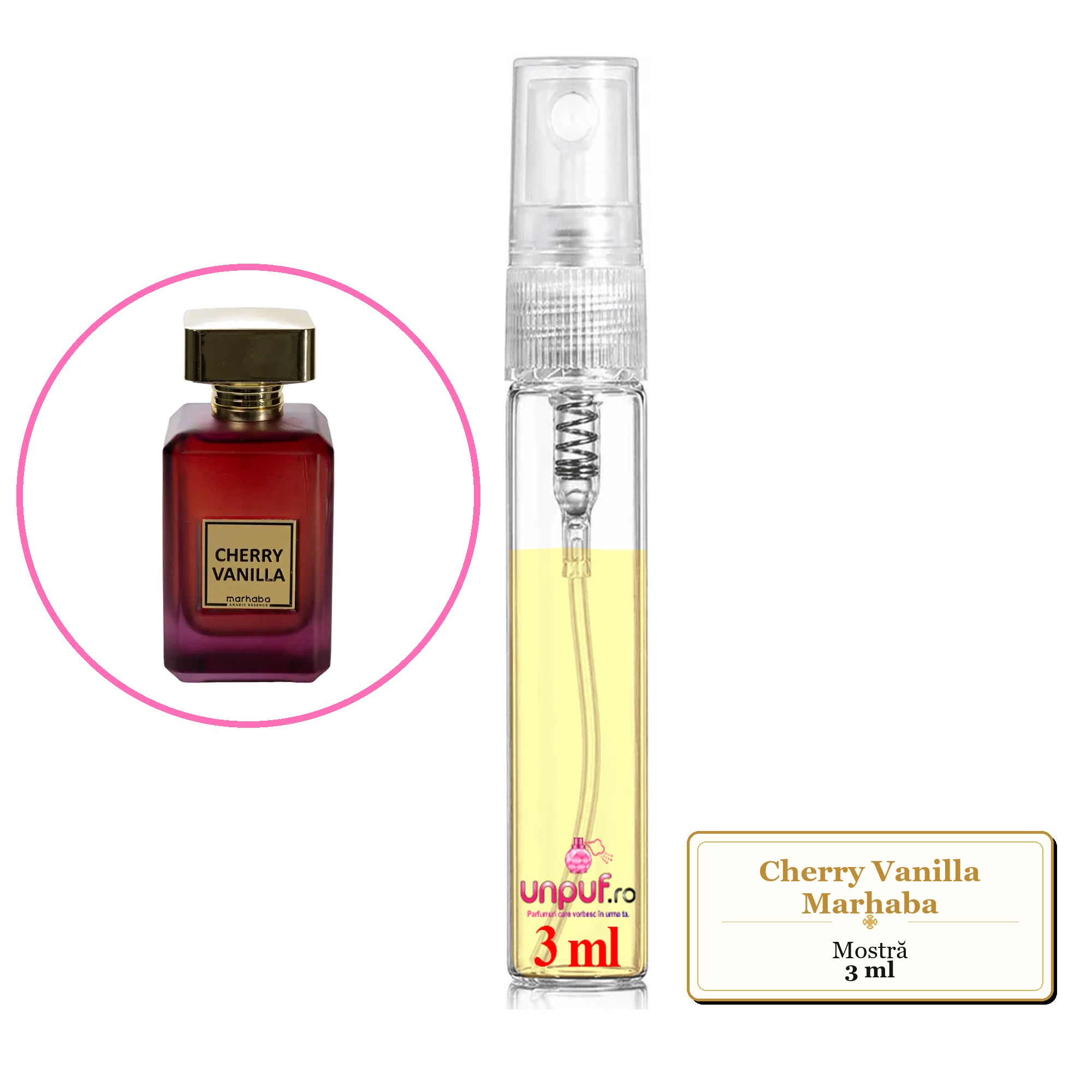Mostra fiola din Cherry Vanilla Marhaba, decant sticla cu pulverizator