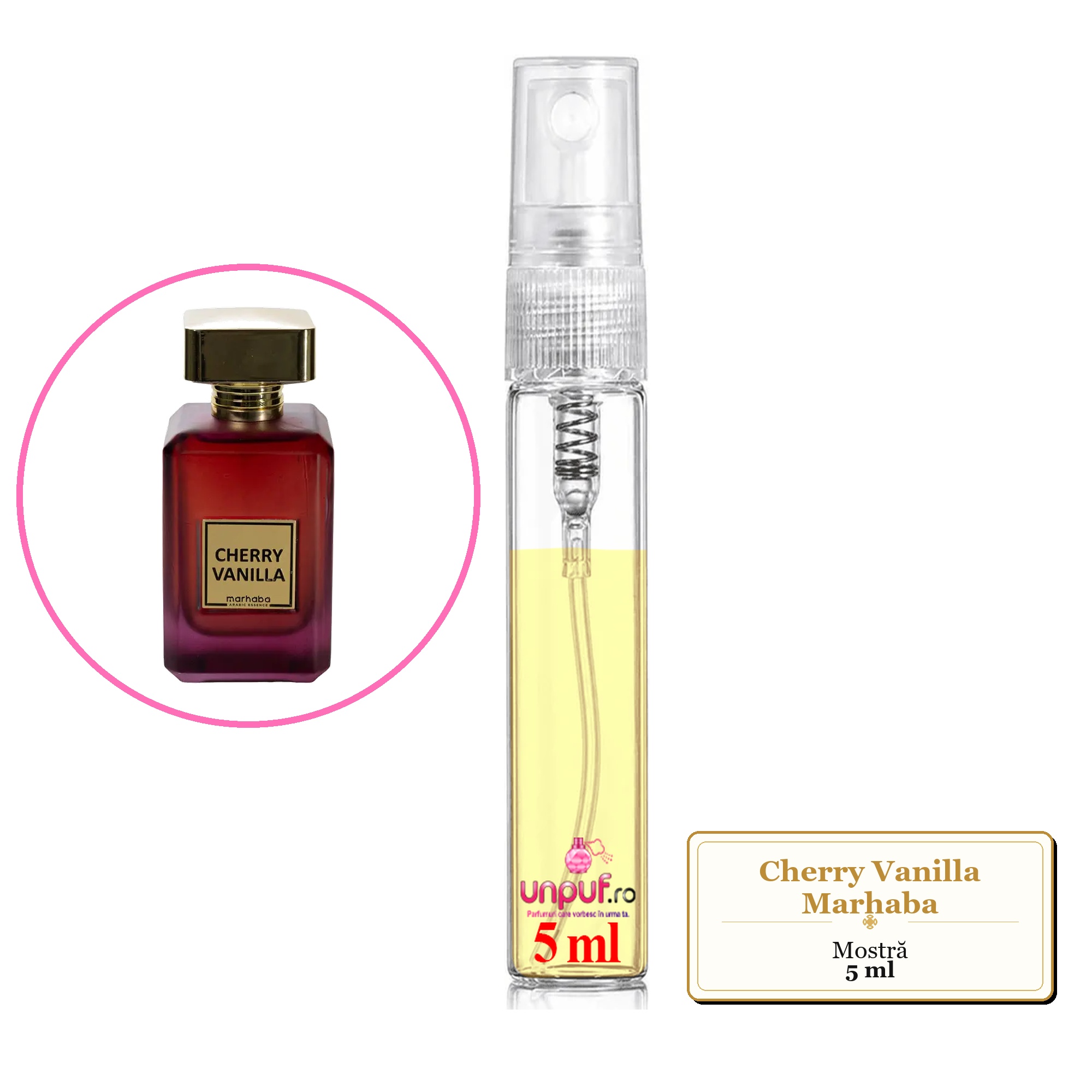 Mostra fiola din Cherry Vanilla Marhaba, decant sticla cu pulverizator