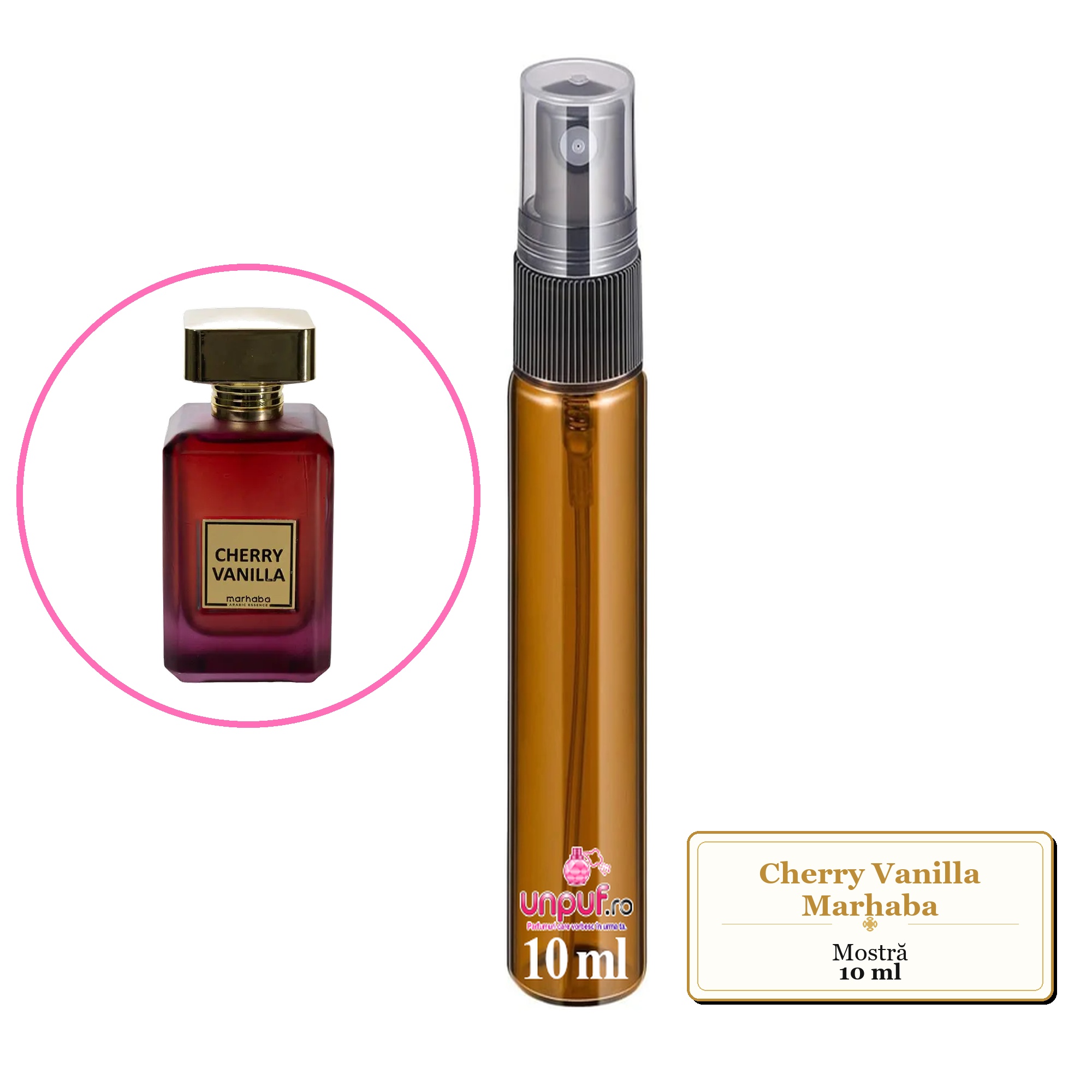 Mostra fiola din Cherry Vanilla Marhaba, decant sticla cu pulverizator