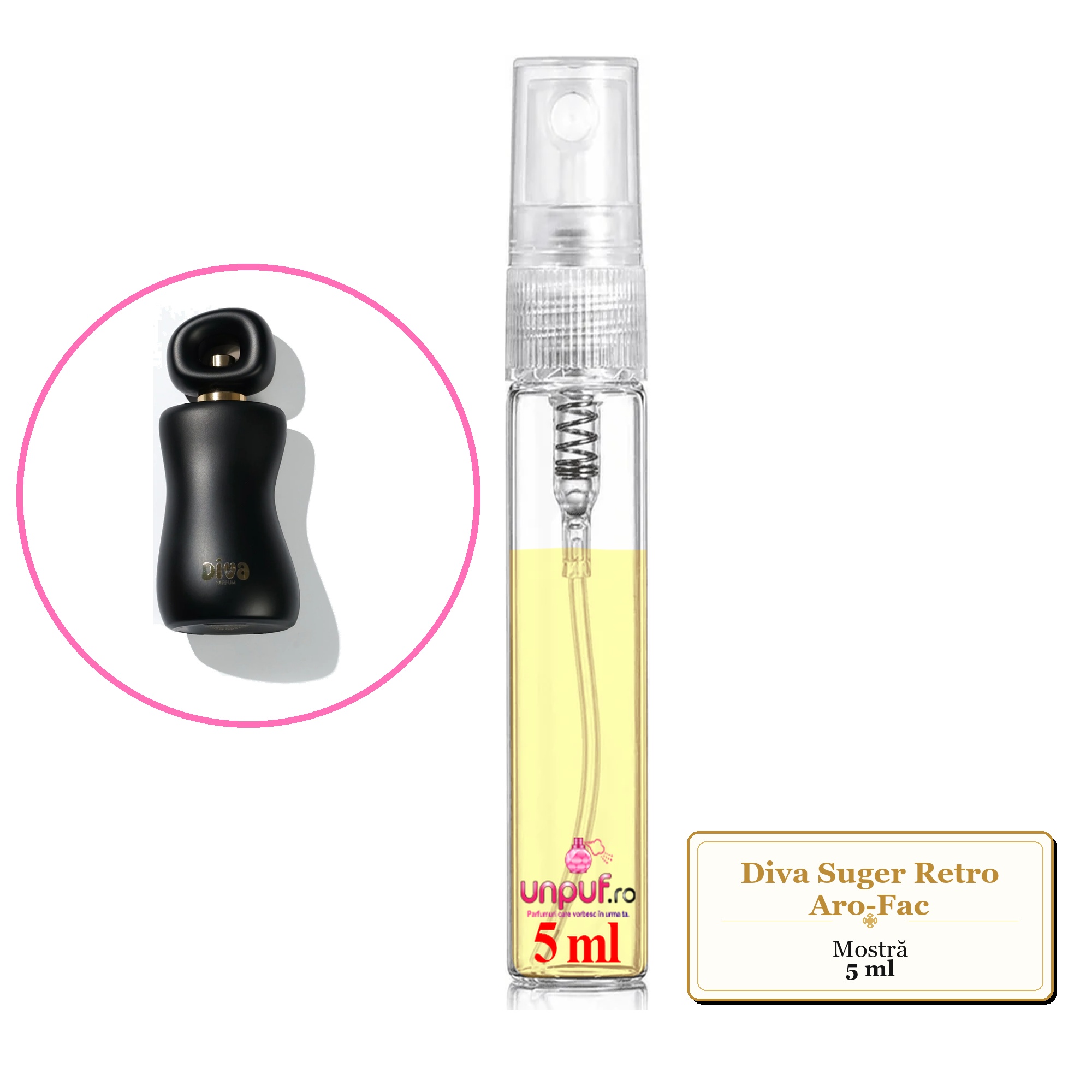 Mostra fiola din Diva Suger Retro Aro-Fac, decant sticla cu pulverizator