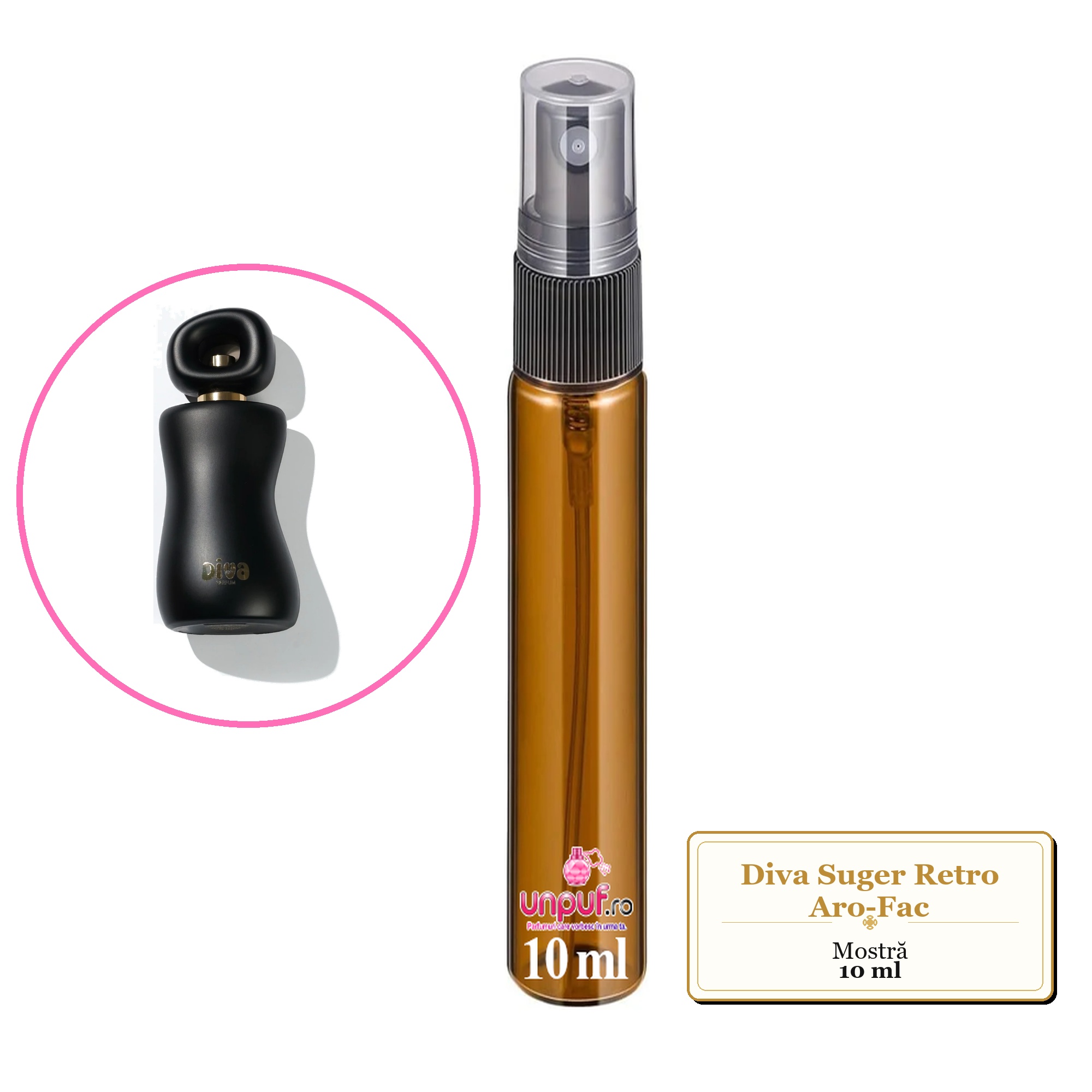 Mostra fiola din Diva Suger Retro Aro-Fac, decant sticla cu pulverizator