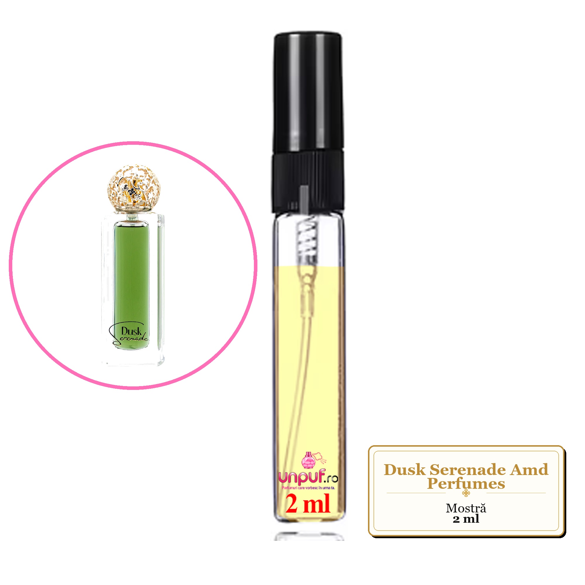 Mostra fiola din Dusk Serenade Amd Perfumes, decant sticla cu pulverizator