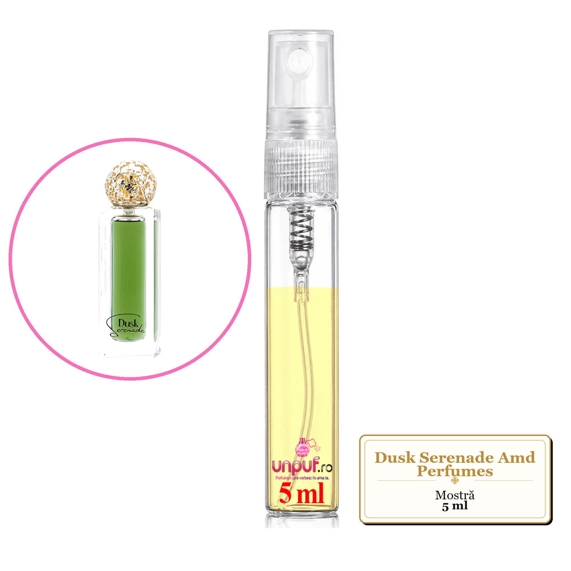 Mostra fiola din Dusk Serenade Amd Perfumes, decant sticla cu pulverizator