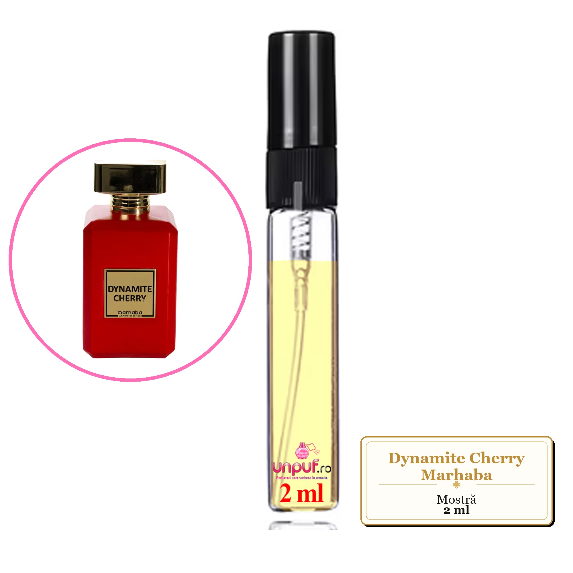 Mostra fiola din Dynamite Cherry Marhaba, decant sticla cu pulverizator