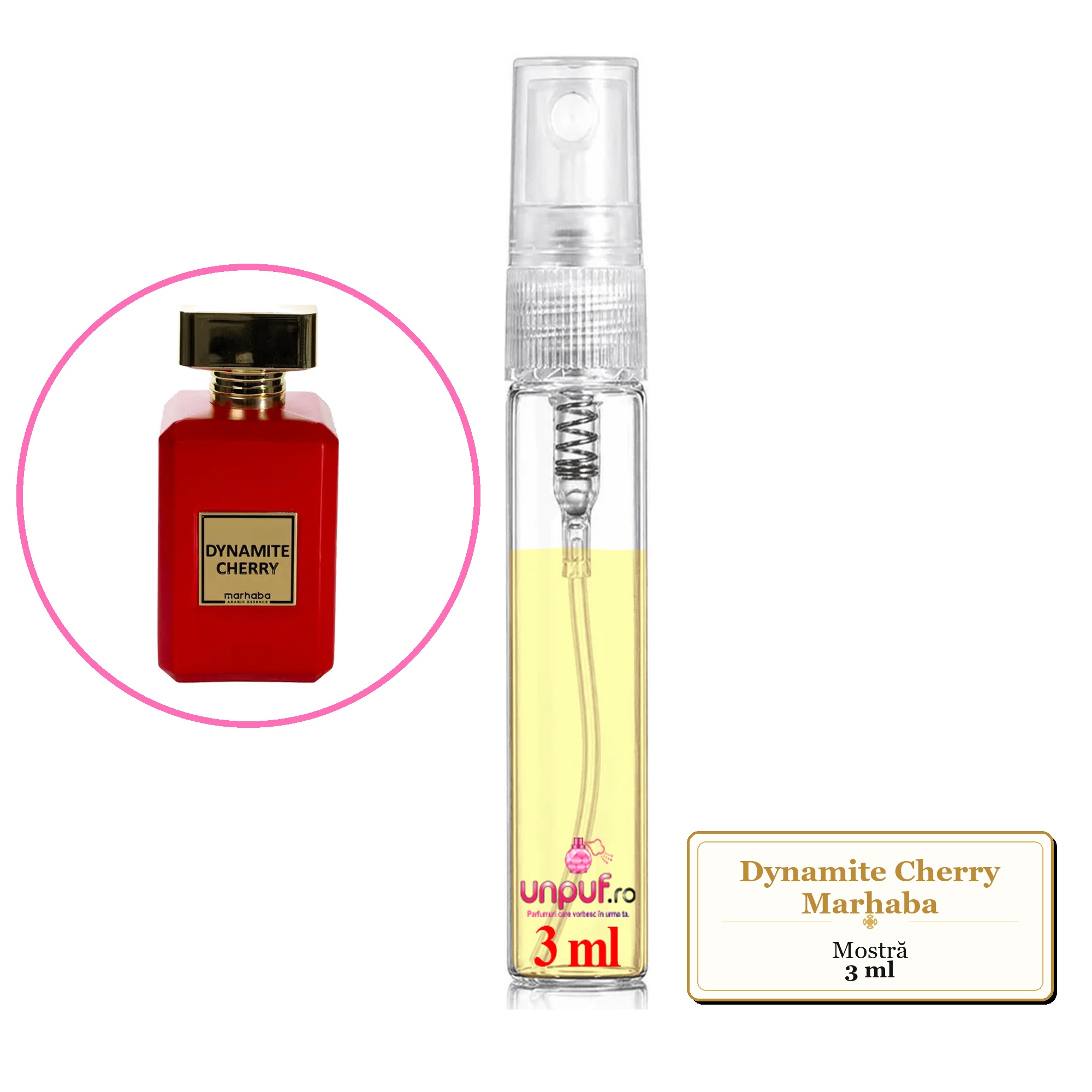 Mostra fiola din Dynamite Cherry Marhaba, decant sticla cu pulverizator