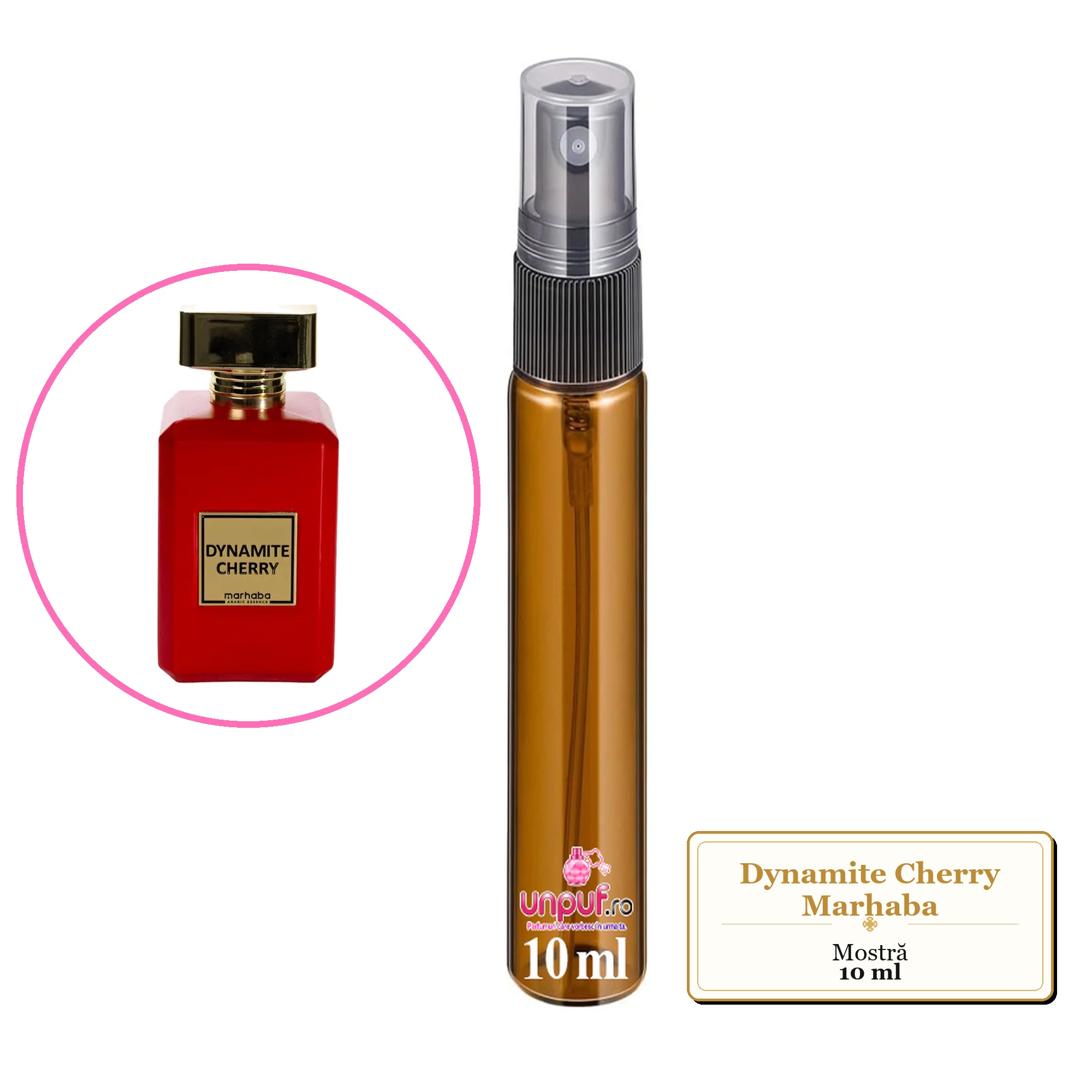 Mostra fiola din Dynamite Cherry Marhaba, decant sticla cu pulverizator