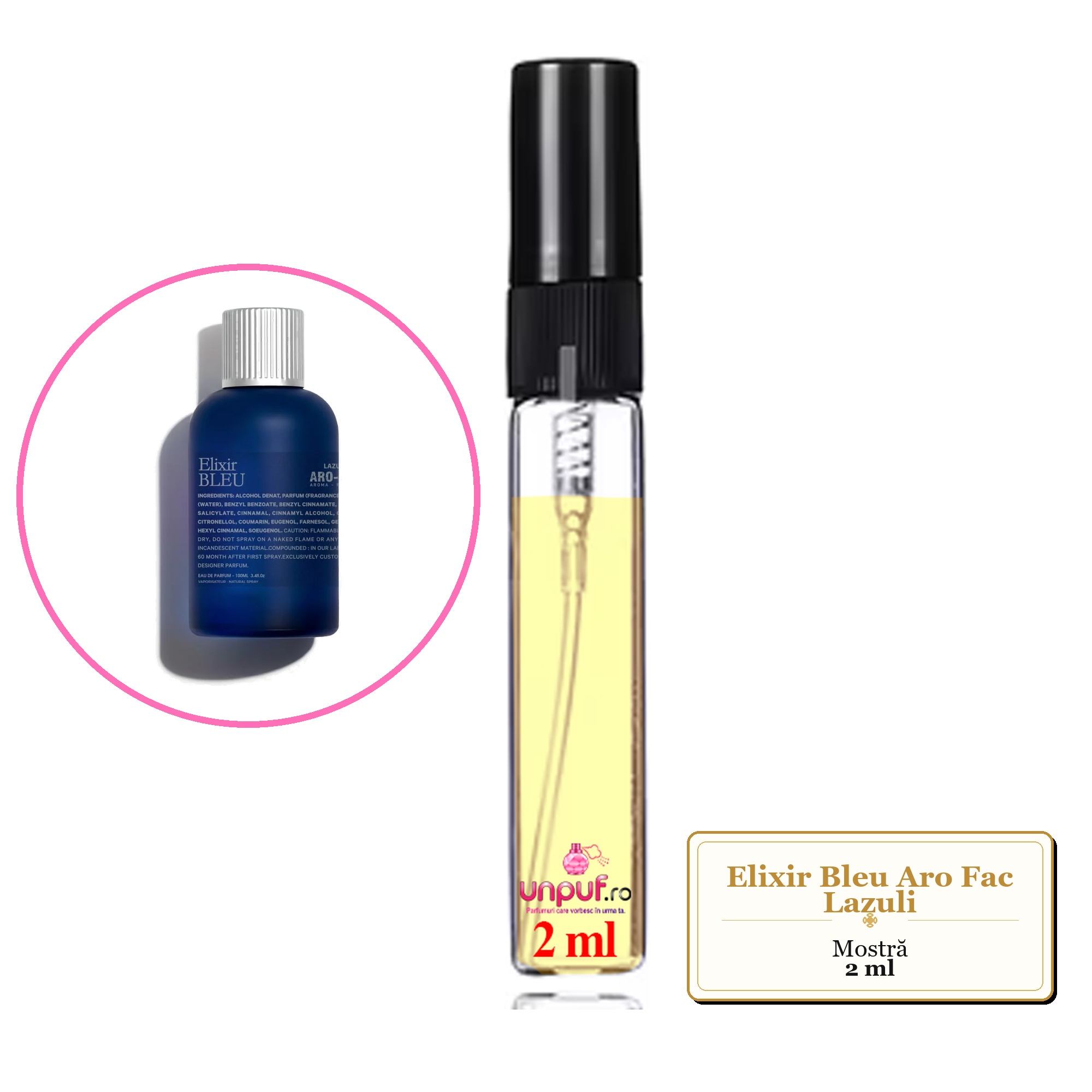 Mostra fiola din Elixir Bleu Aro Fac Lazuli, decant sticla cu pulverizator