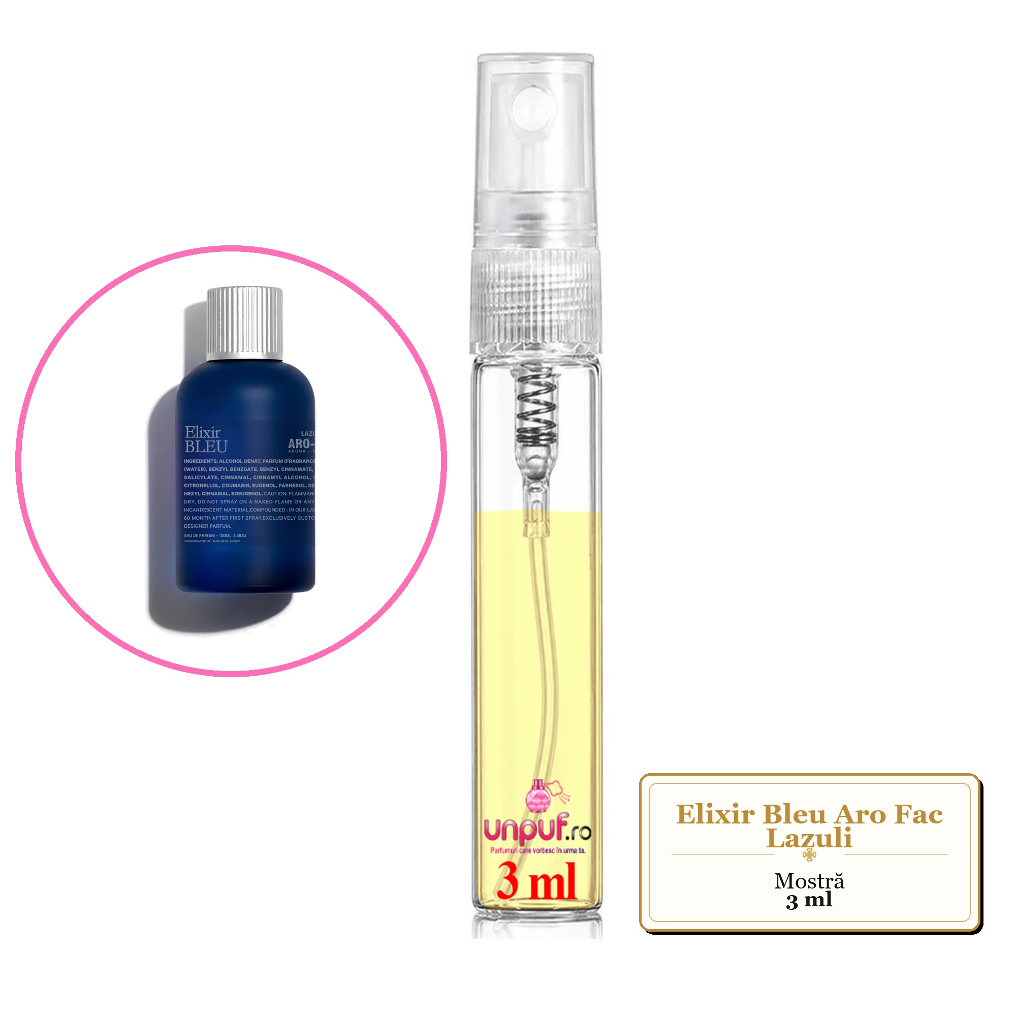 Mostra fiola din Elixir Bleu Aro Fac Lazuli, decant sticla cu pulverizator