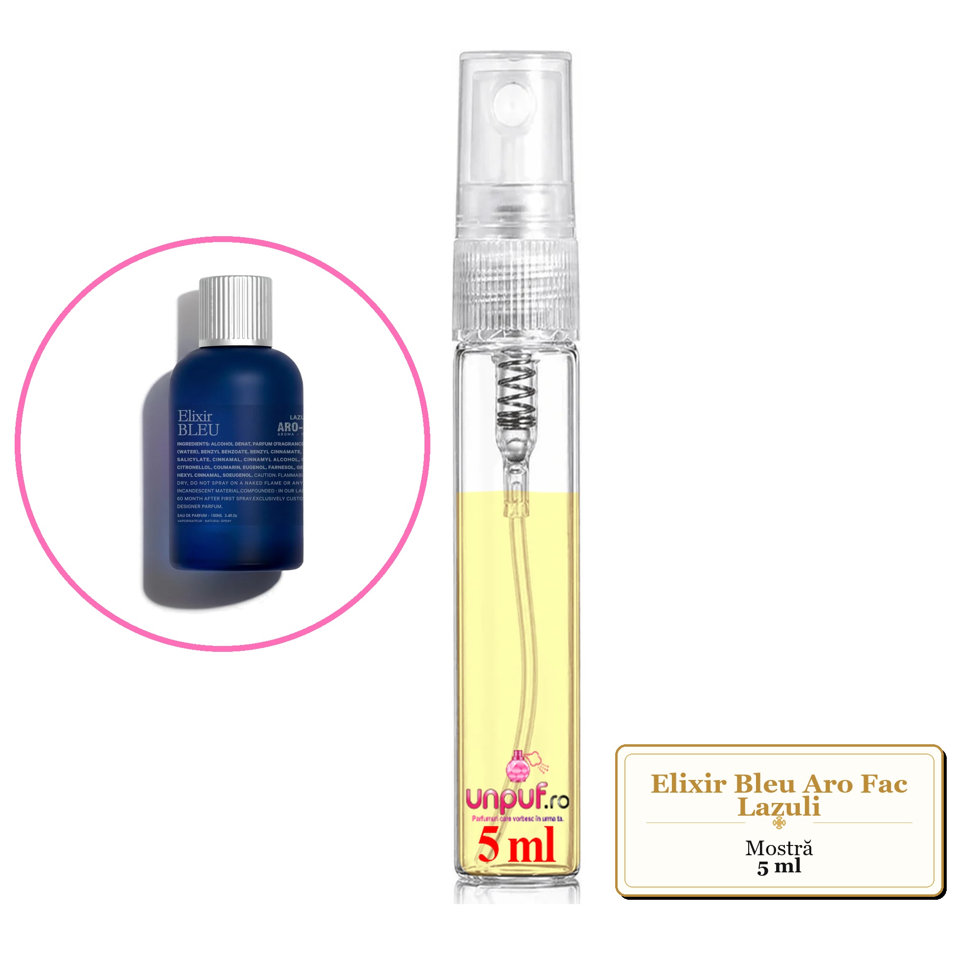 Mostra fiola din Elixir Bleu Aro Fac Lazuli, decant sticla cu pulverizator