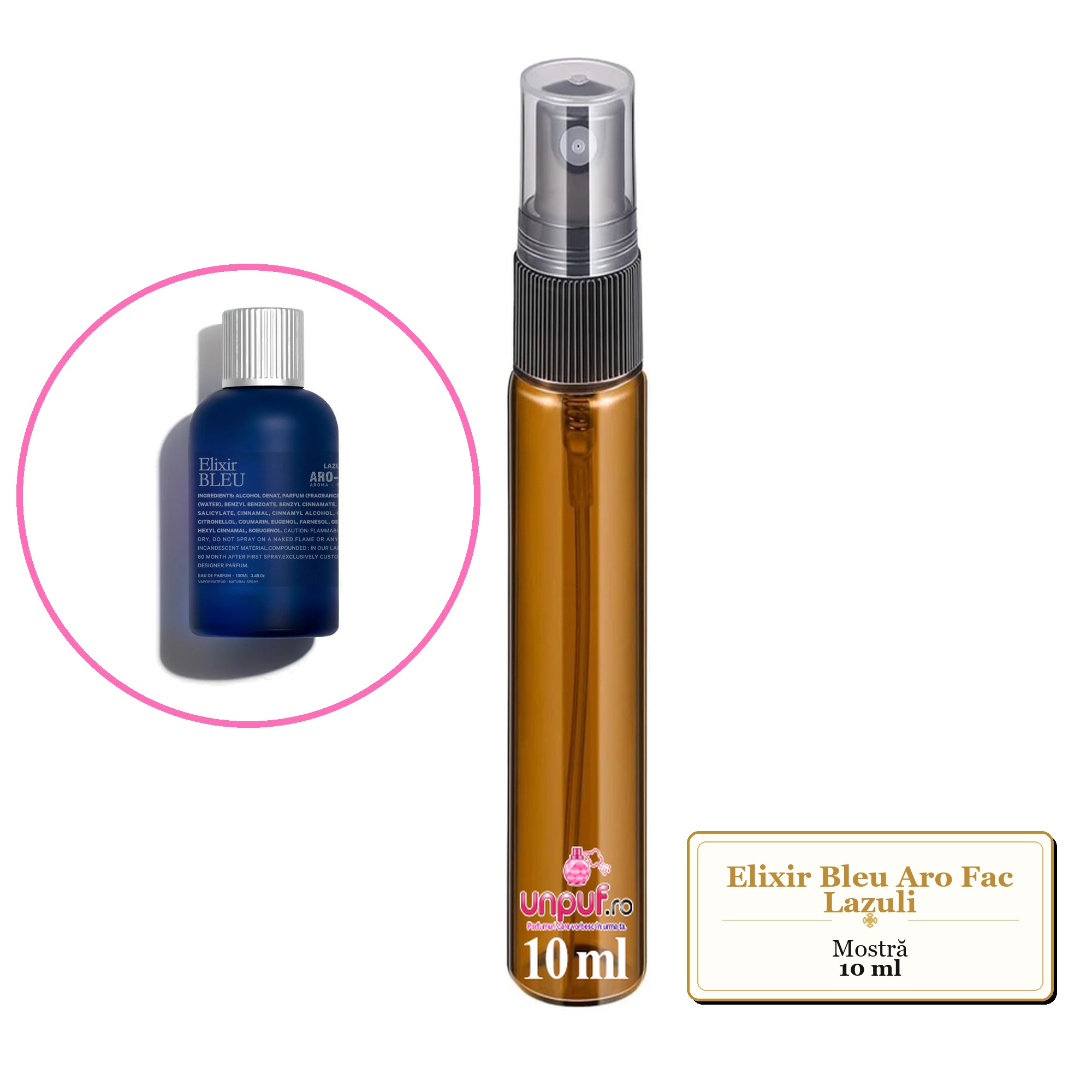 Mostra fiola din Elixir Bleu Aro Fac Lazuli, decant sticla cu pulverizator