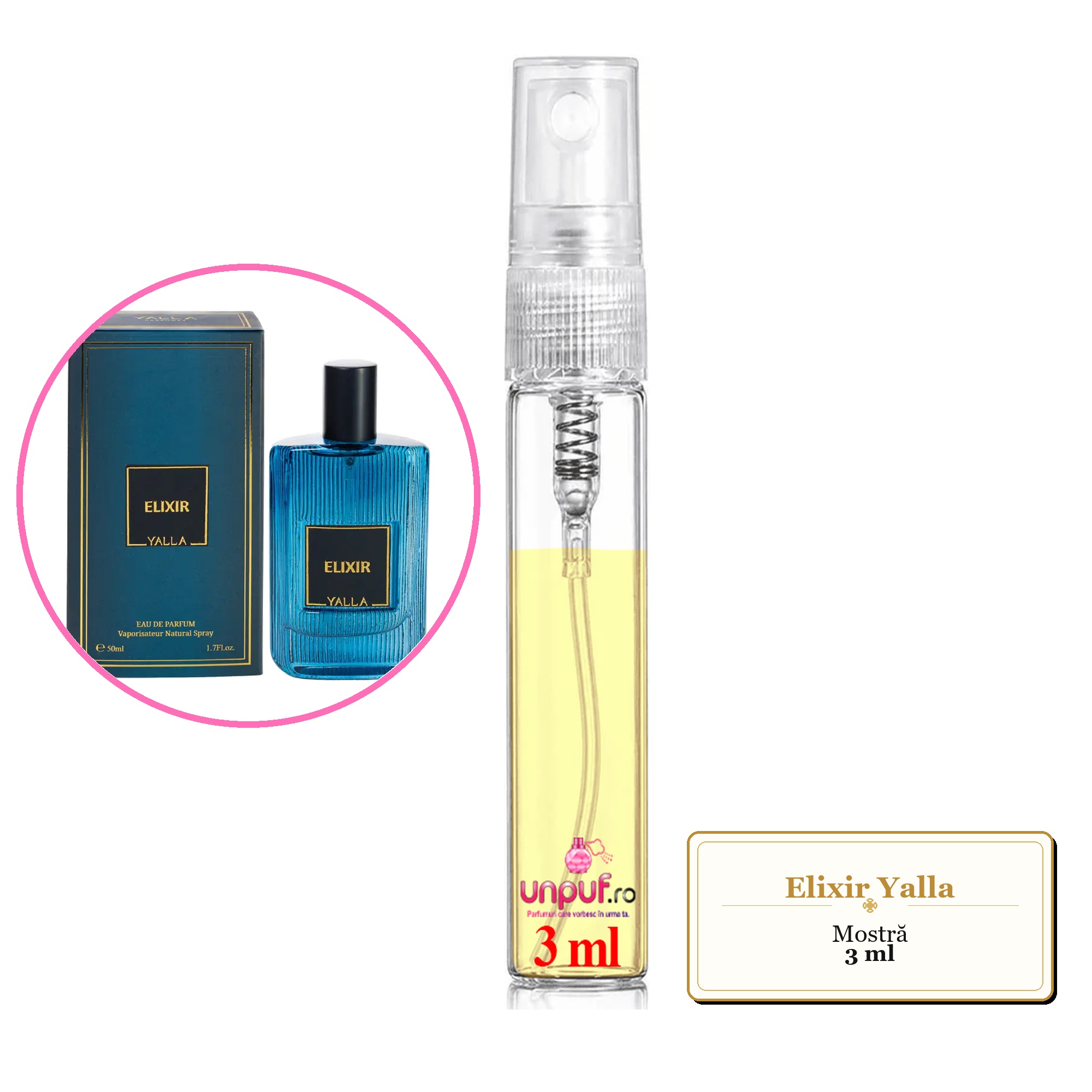 Mostra fiola din Elixir Yalla, decant sticla cu pulverizator