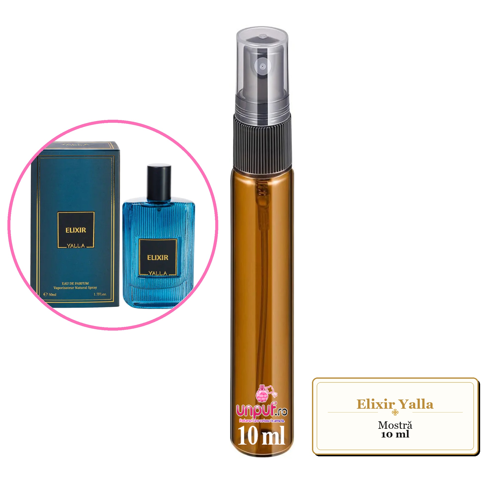 Mostra fiola din Elixir Yalla, decant sticla cu pulverizator