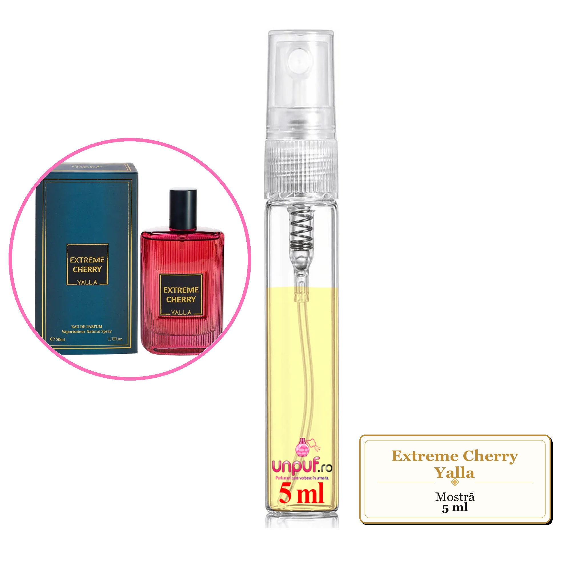 Mostra fiola din Extreme Cherry Yalla, decant sticla cu pulverizator