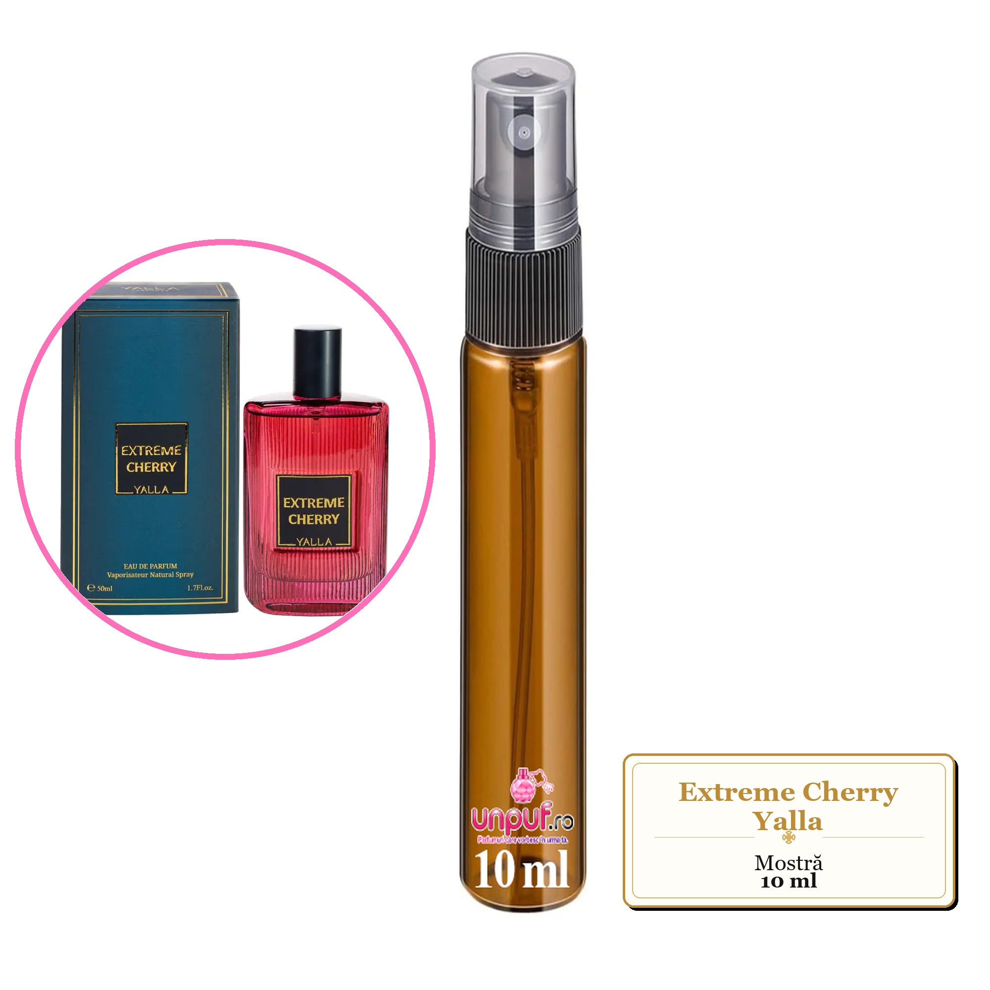 Mostra fiola din Extreme Cherry Yalla, decant sticla cu pulverizator