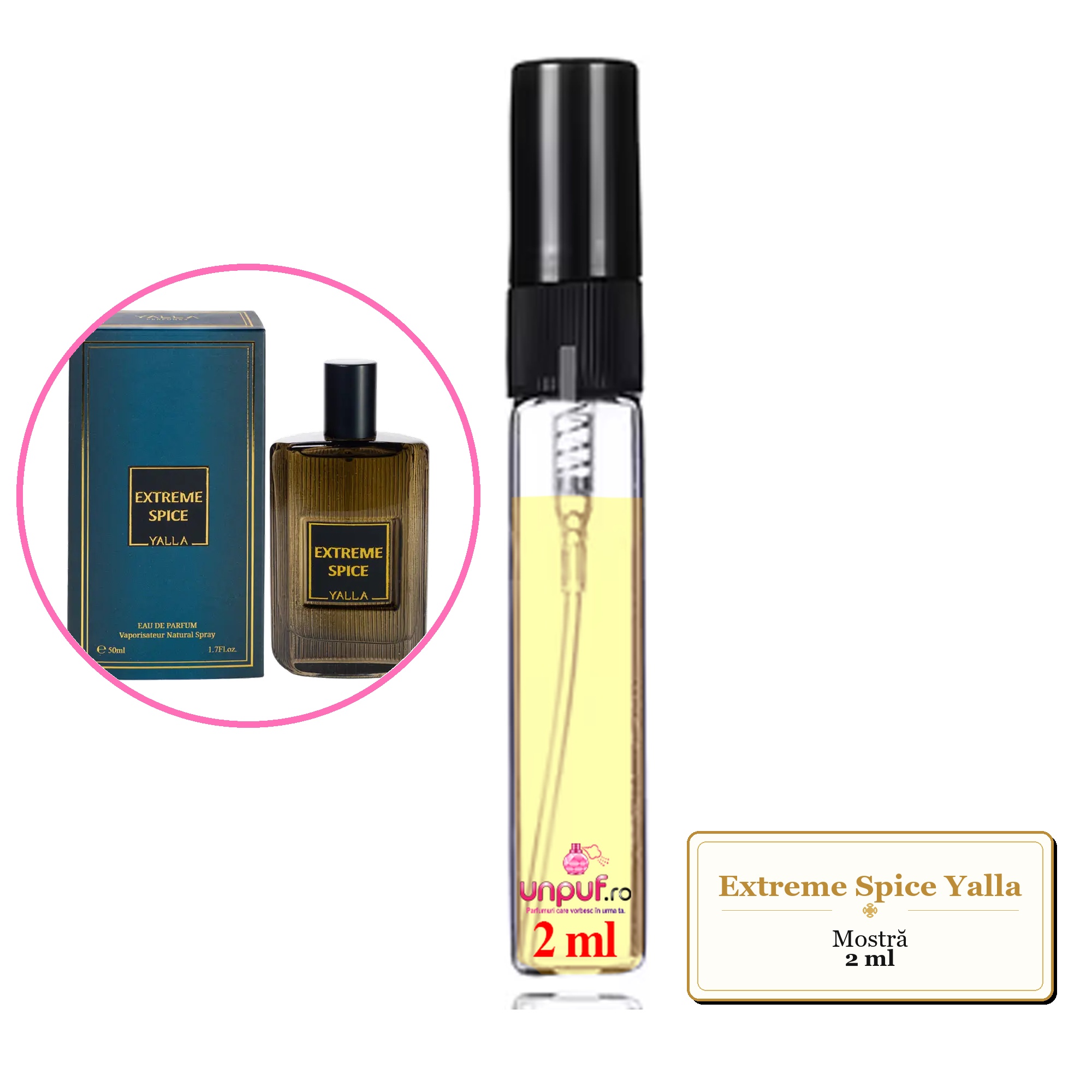 Mostra fiola din Extreme Spice Yalla, decant sticla cu pulverizator