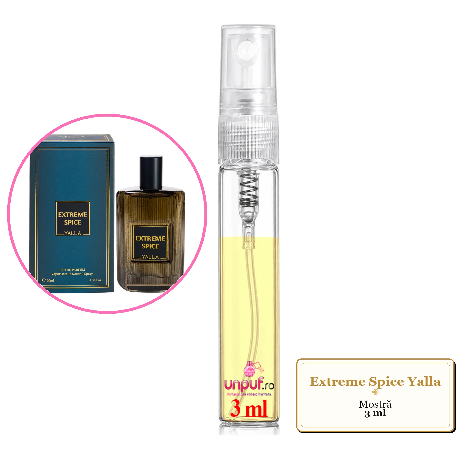 Mostra fiola din Extreme Spice Yalla, decant sticla cu pulverizator