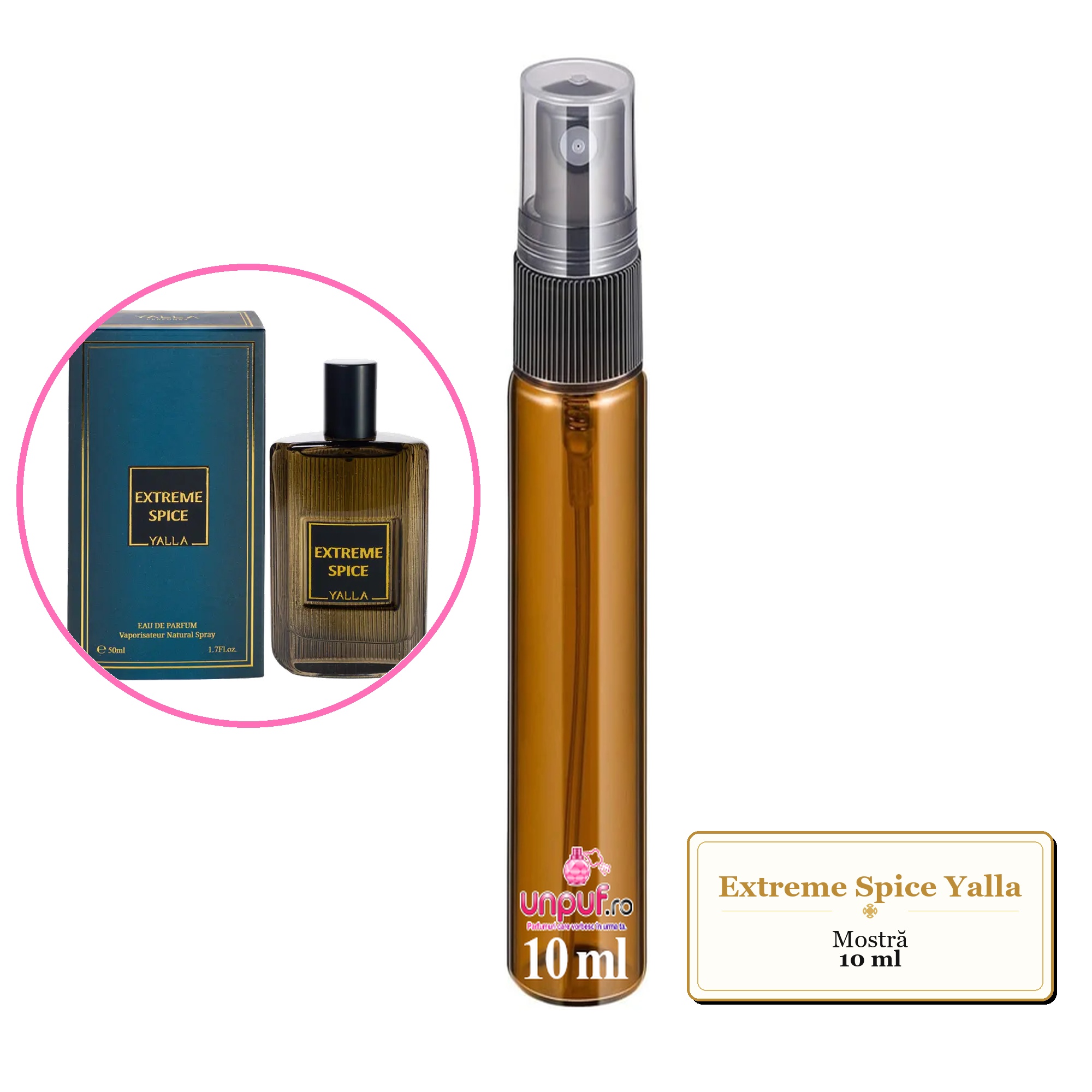 Mostra fiola din Extreme Spice Yalla, decant sticla cu pulverizator
