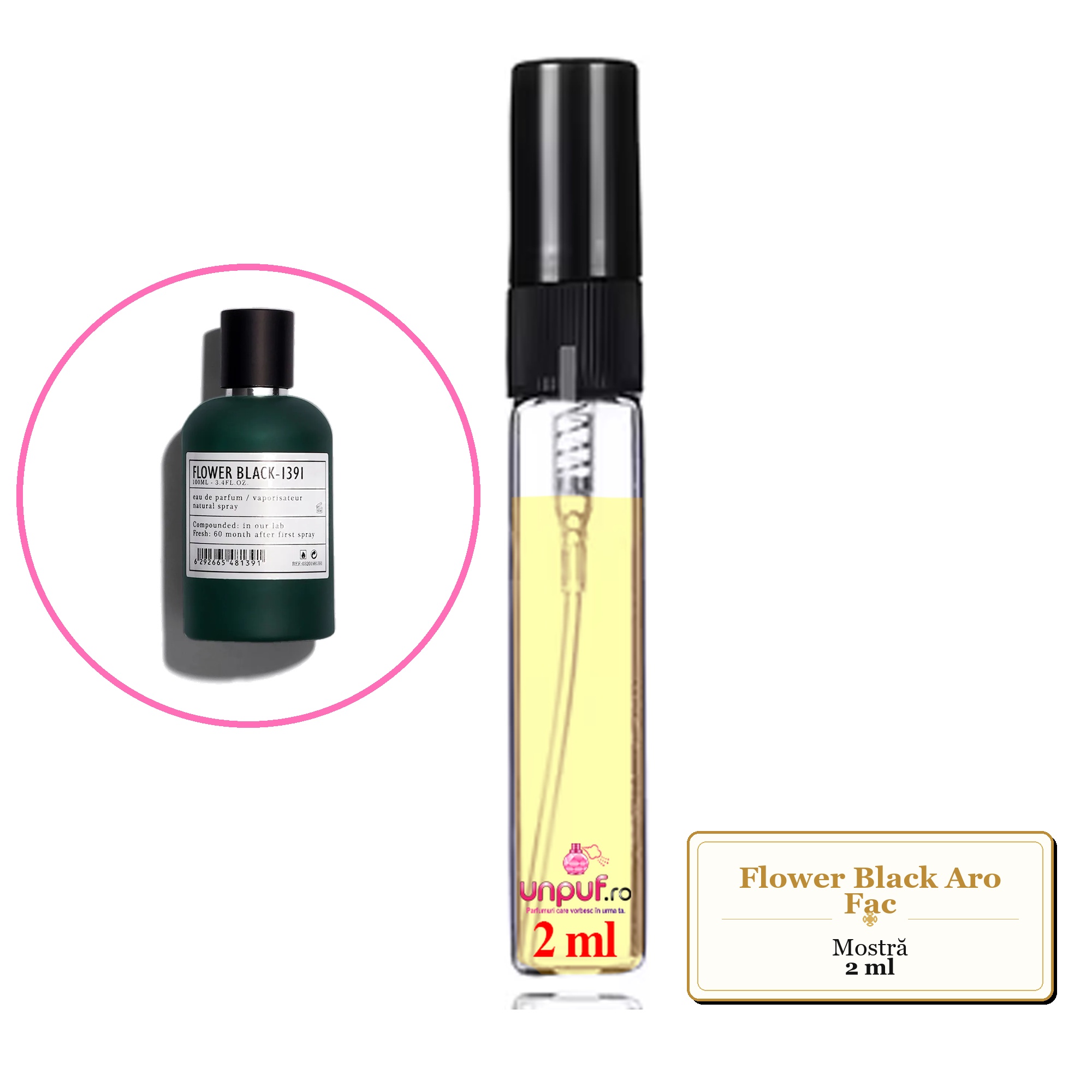 Mostra fiola din Flower Black Aro Fac, decant sticla cu pulverizator
