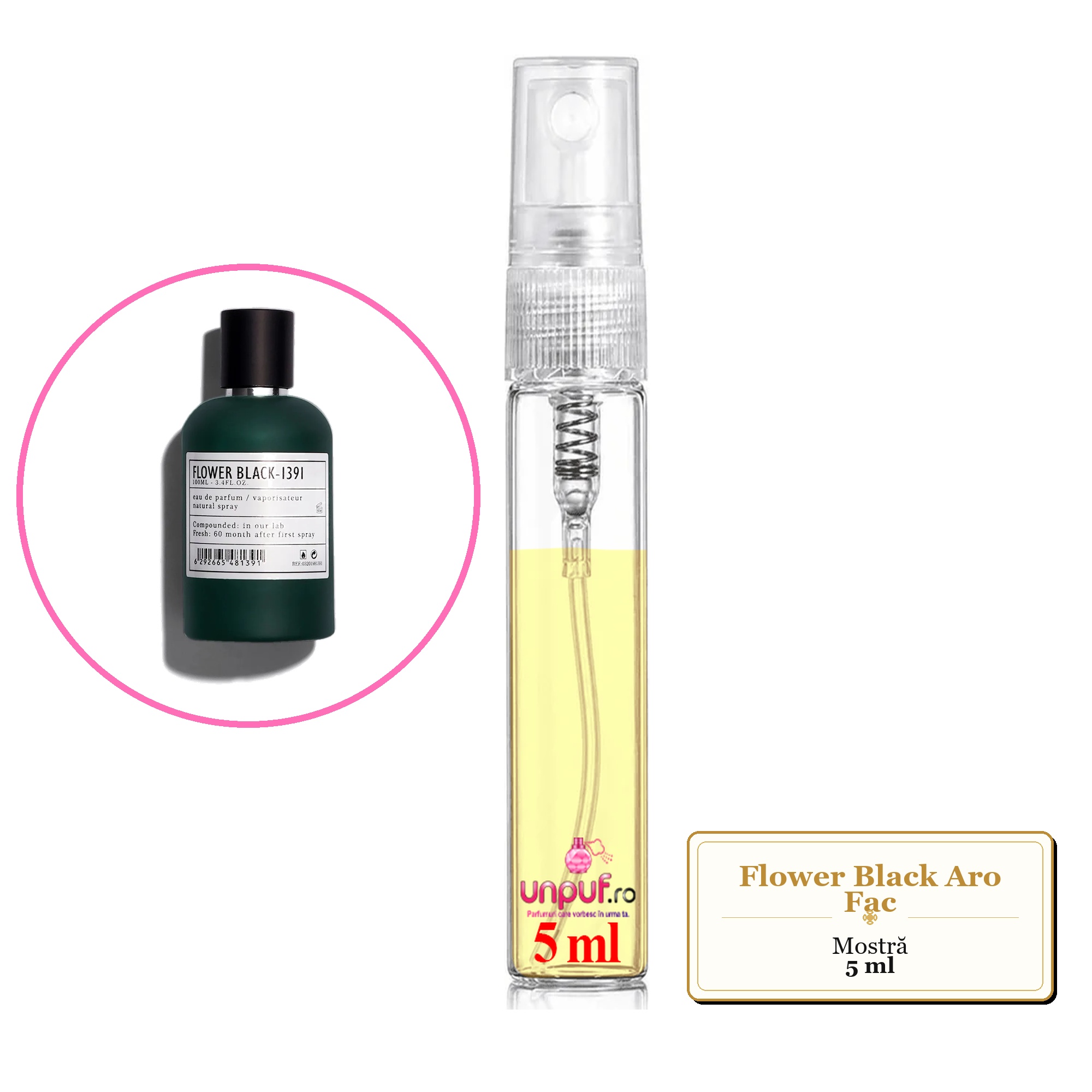 Mostra fiola din Flower Black Aro Fac, decant sticla cu pulverizator