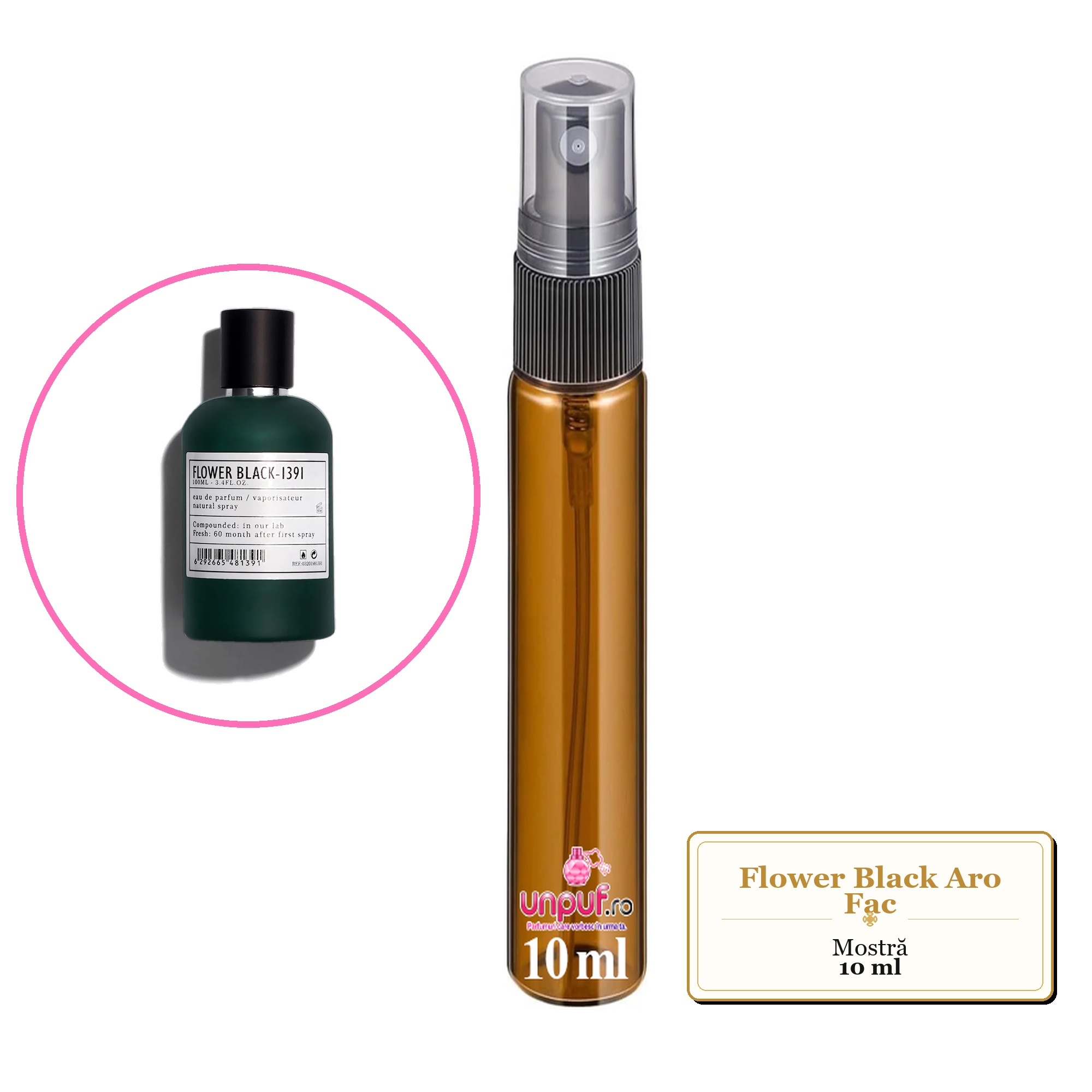Mostra fiola din Flower Black Aro Fac, decant sticla cu pulverizator