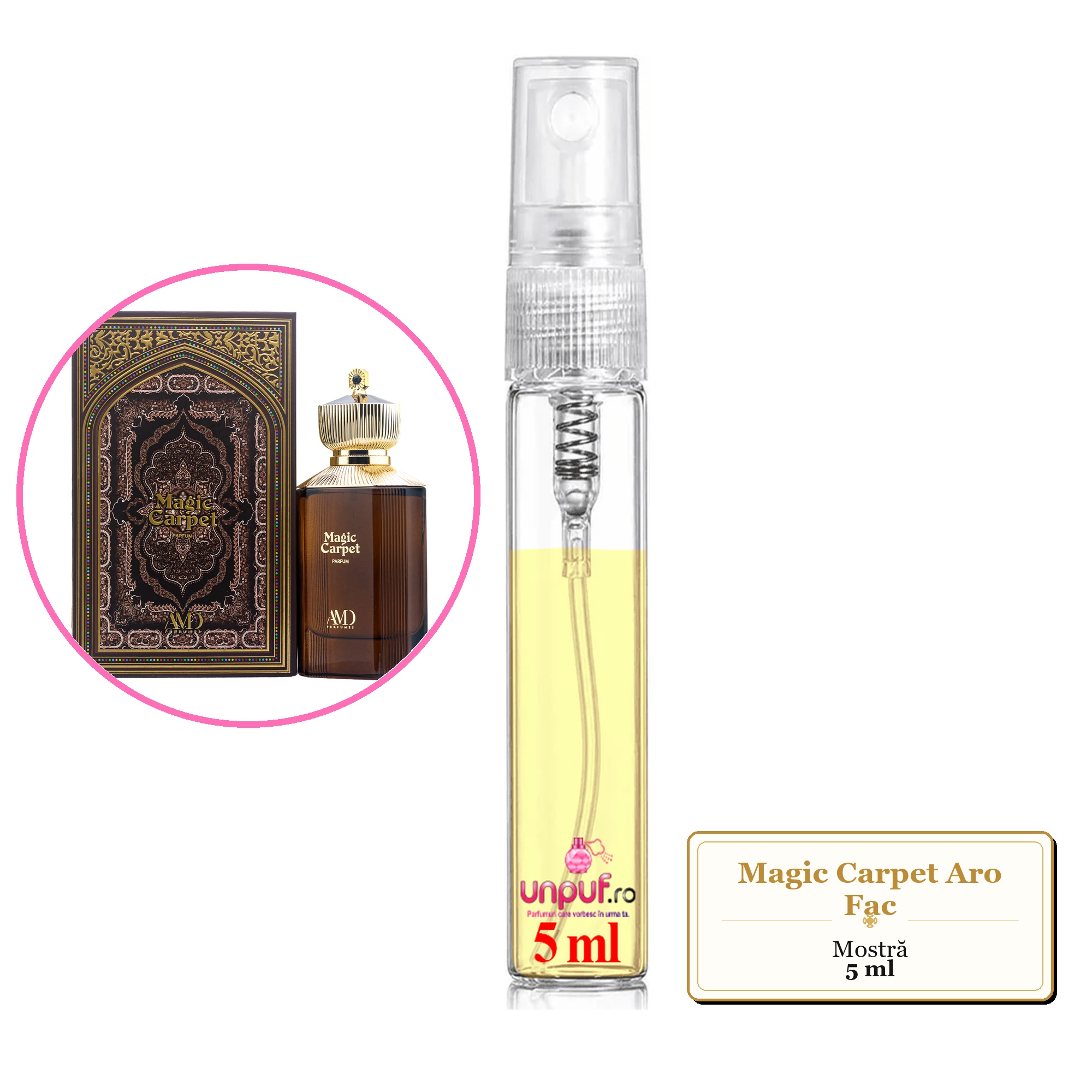 Mostra fiola din Magic Carpet Aro Fac, decant sticla cu pulverizator