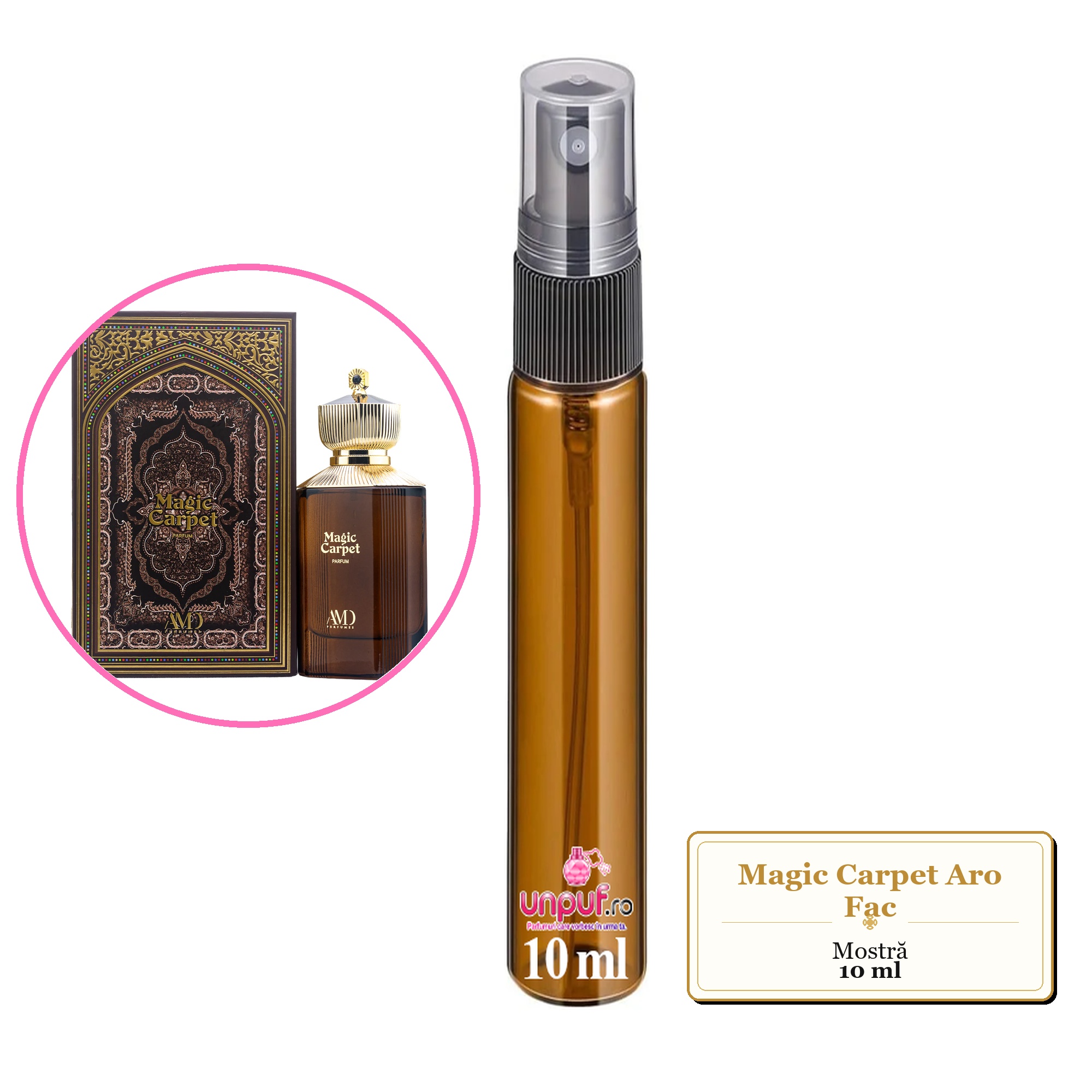 Mostra fiola din Magic Carpet Aro Fac, decant sticla cu pulverizator