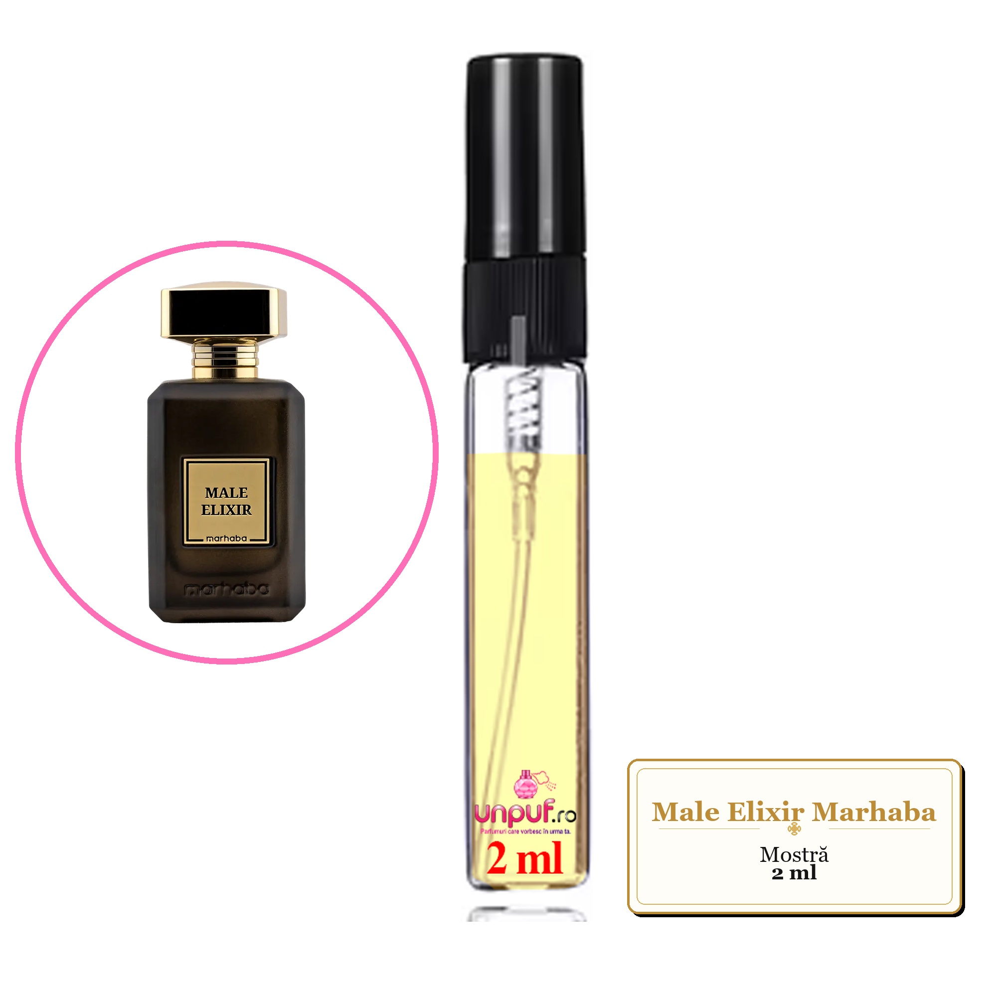 Mostra fiola din Male Elixir Marhaba, decant sticla cu pulverizator