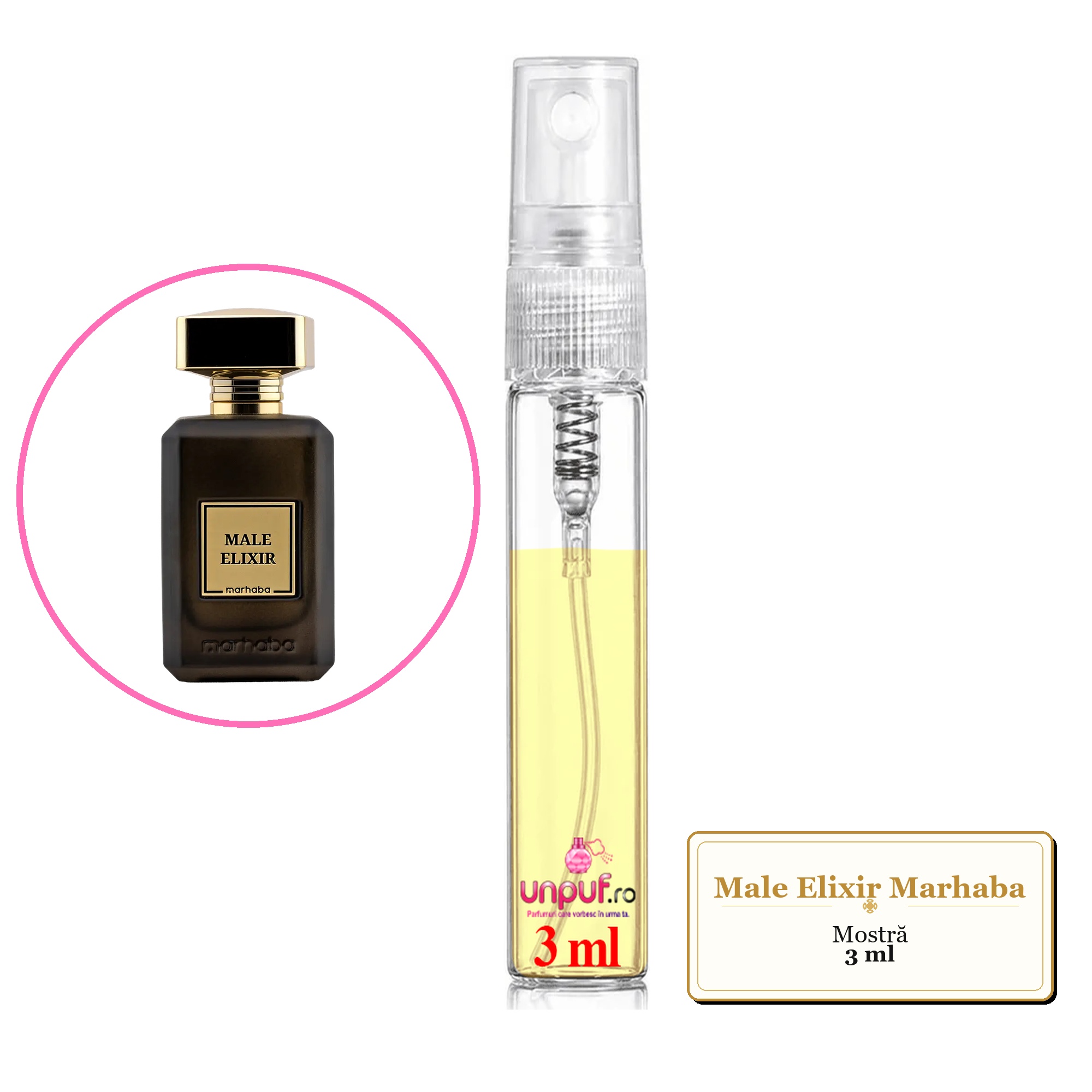 Mostra fiola din Male Elixir Marhaba, decant sticla cu pulverizator