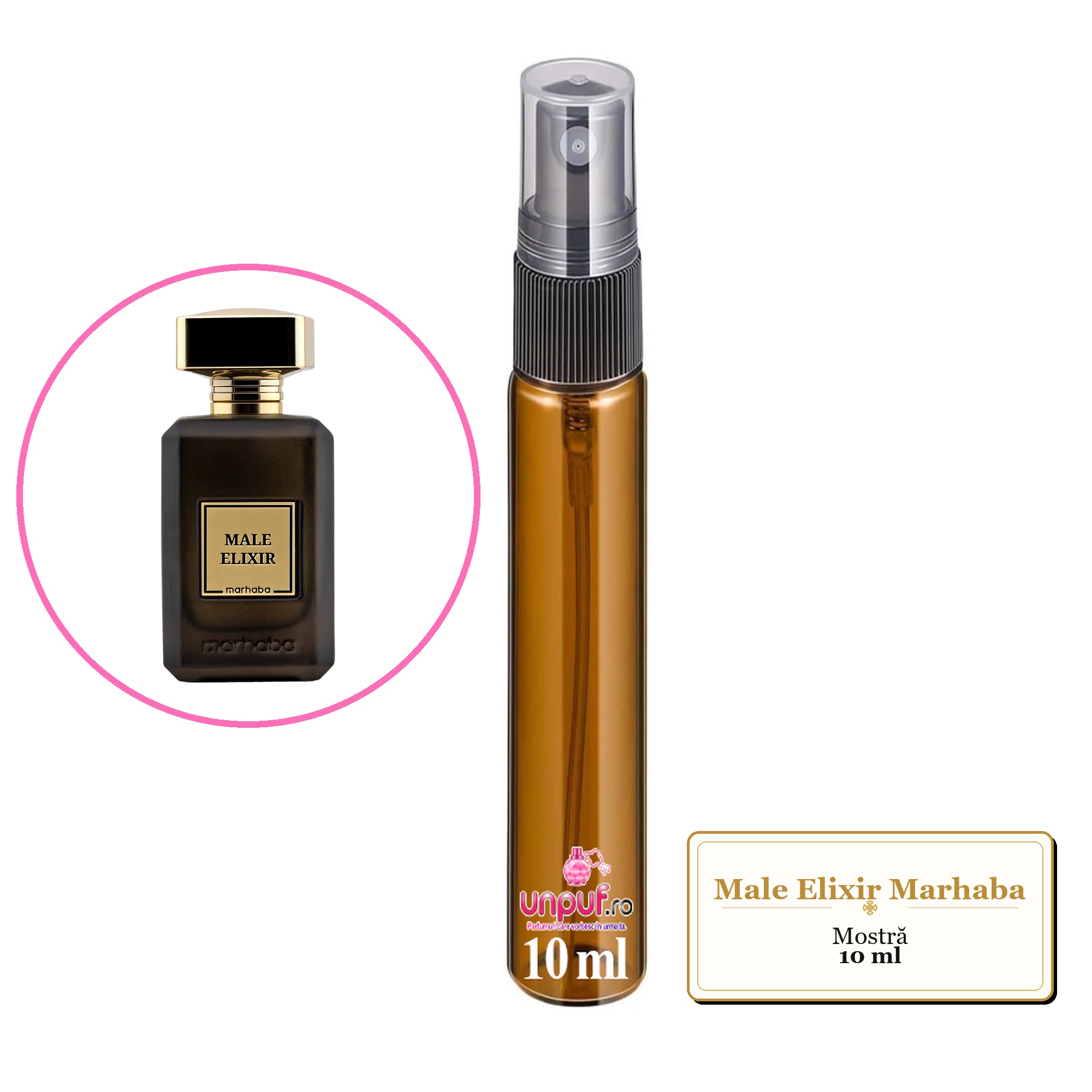Mostra fiola din Male Elixir Marhaba, decant sticla cu pulverizator