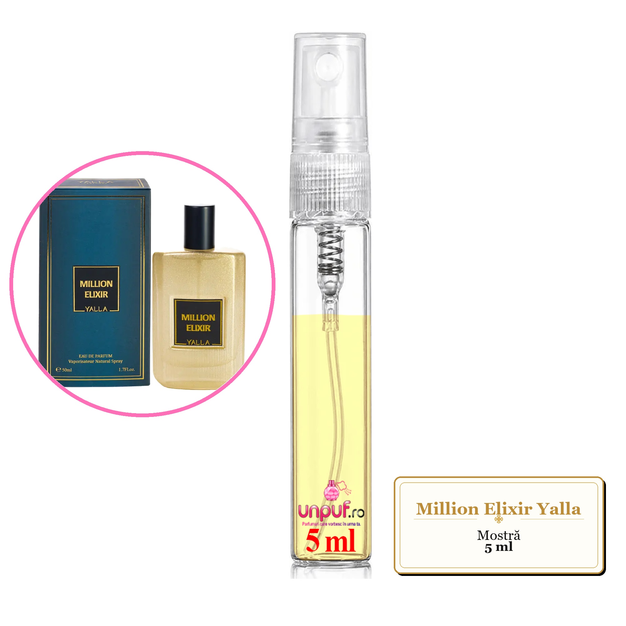 Mostra fiola din Million Elixir Yalla, decant sticla cu pulverizator
