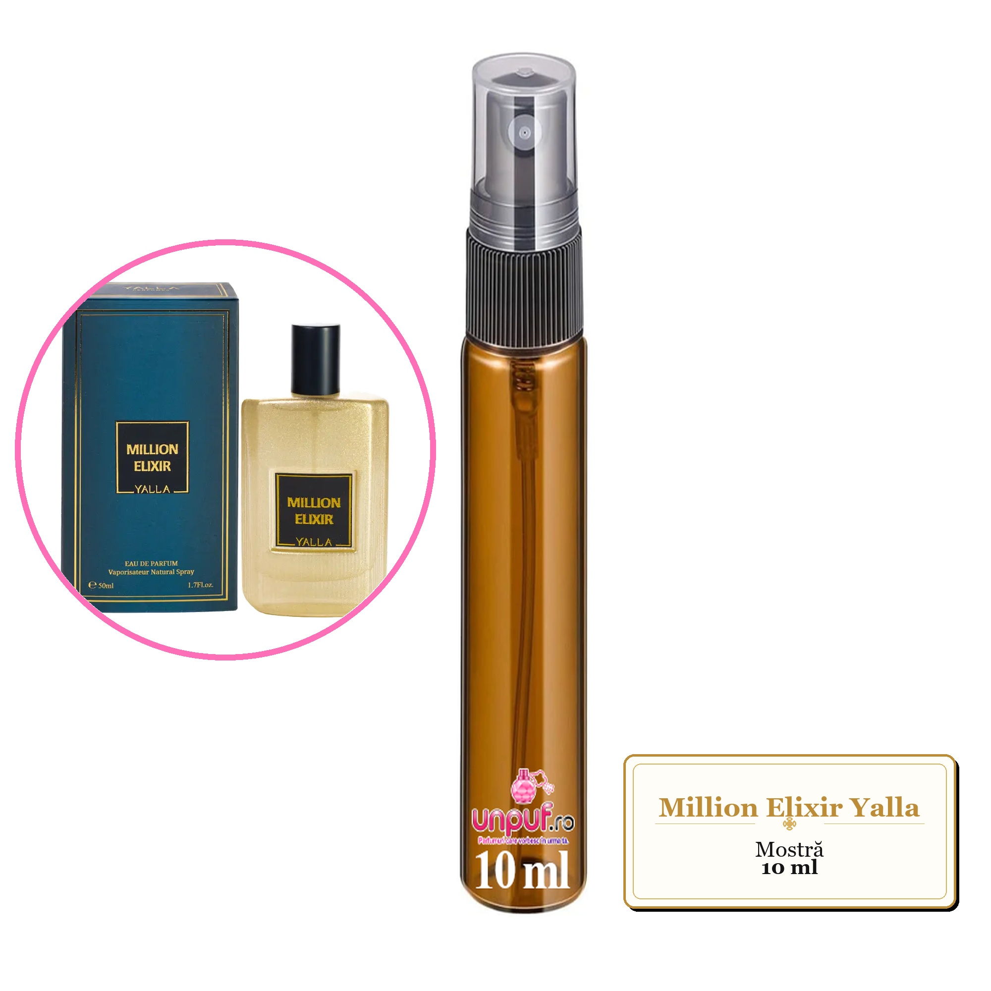 Mostra fiola din Million Elixir Yalla, decant sticla cu pulverizator