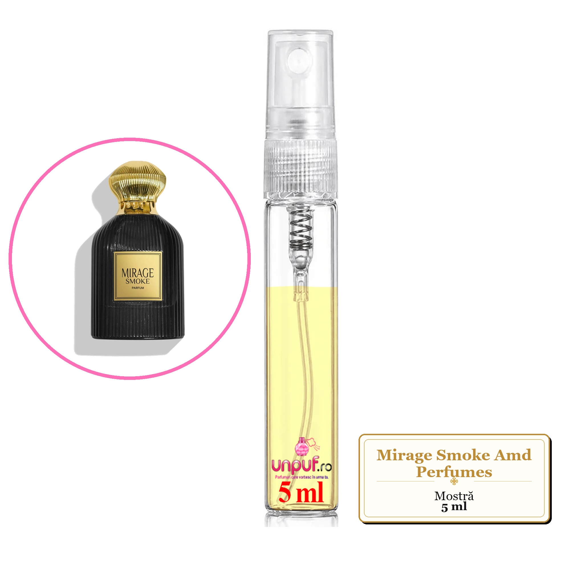 Mostra fiola din Mirage Smoke Amd Perfumes, decant sticla cu pulverizator